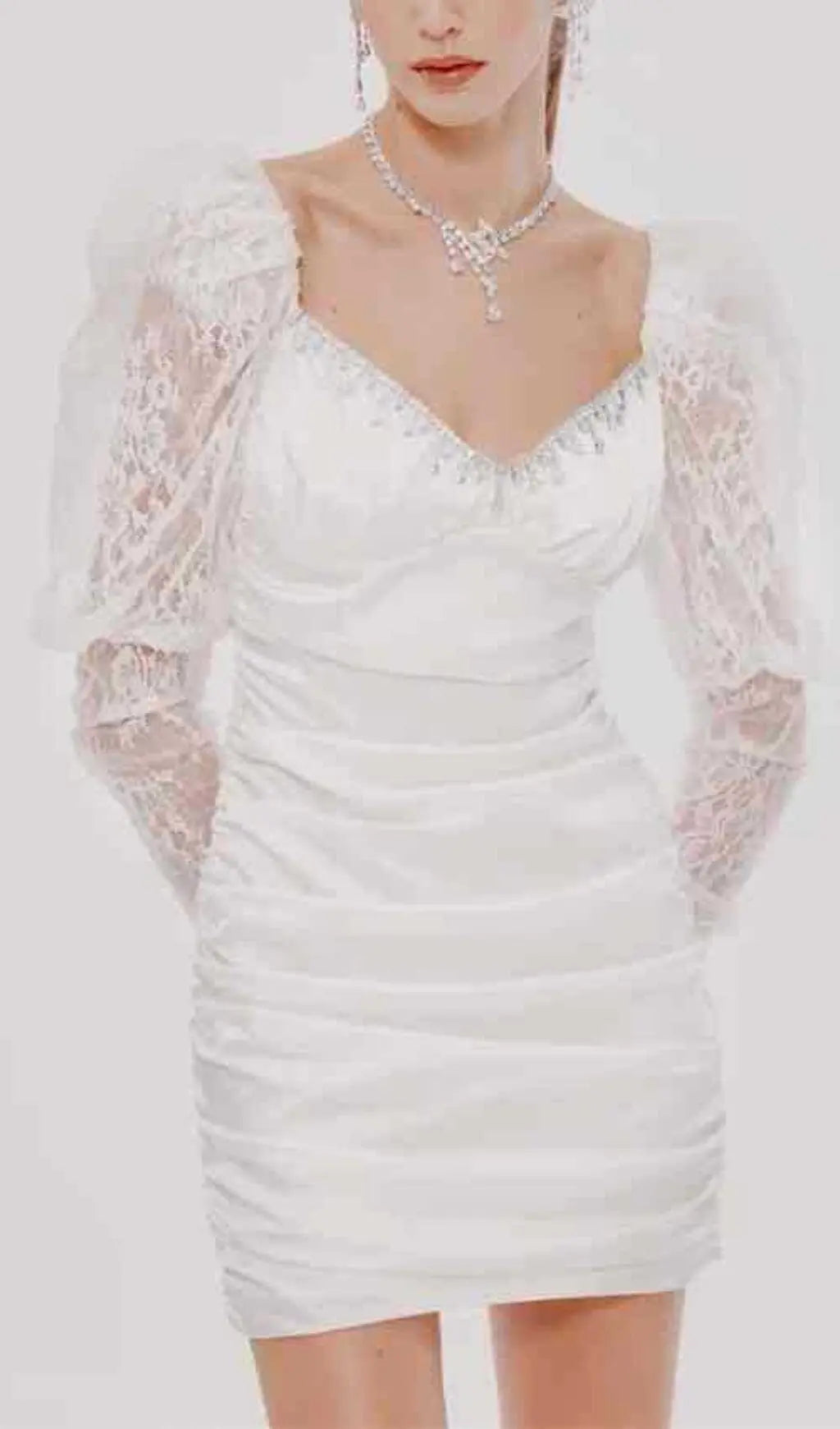 Fashionslee Women Pleated Dress With Lace Puffed Sleeves In White