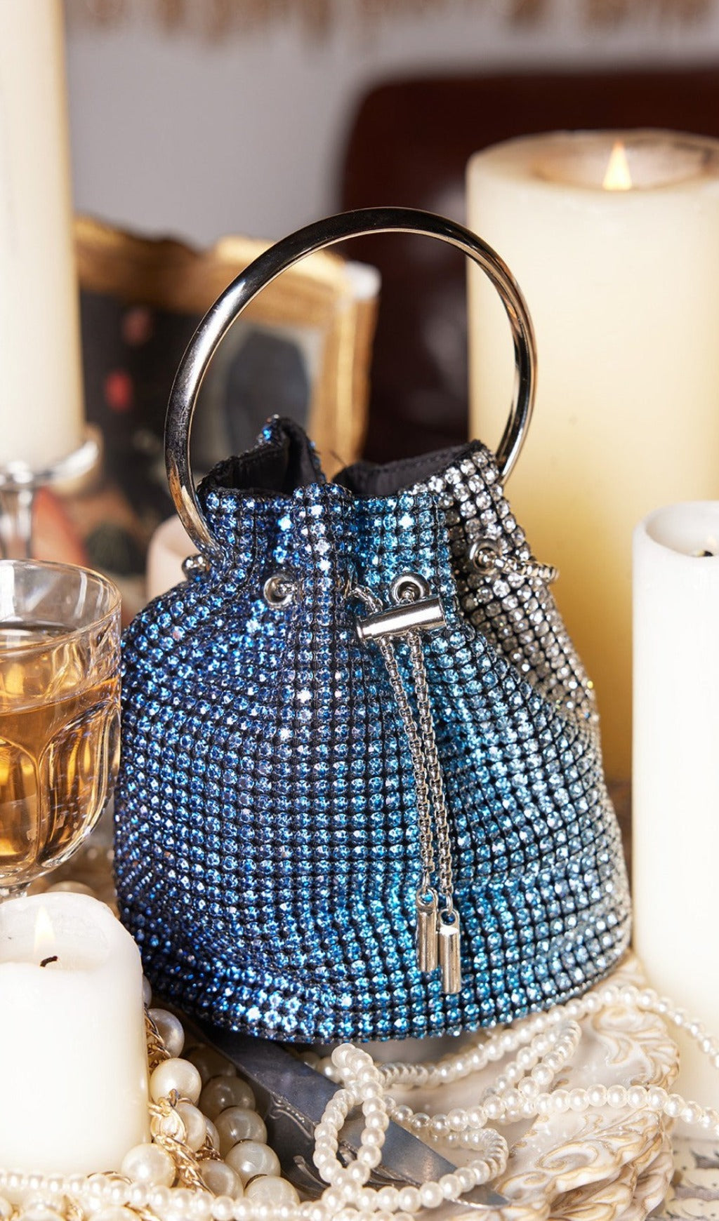 Fashionslee Women Rhinestone Bucket Bag In Blue