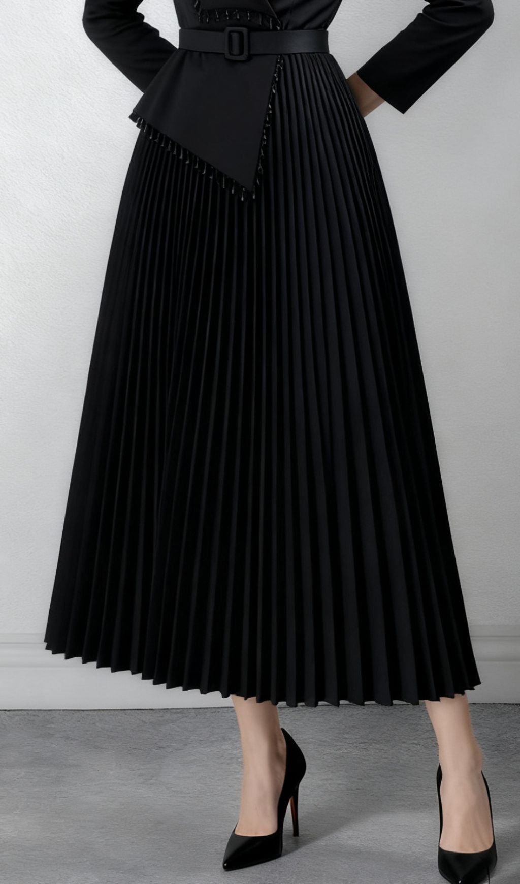 Fashionslee Women Ino Black Long Sleeve Pleated Midi Dress