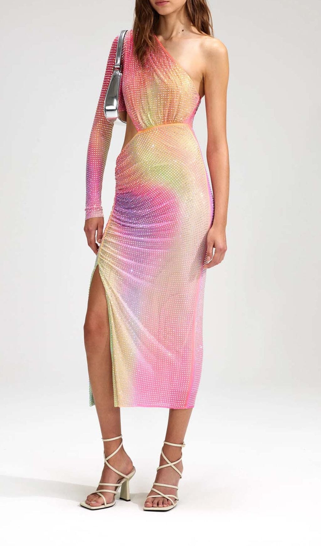 Fashionslee Women Mesh Rhinestone One Shoulder Midi Dress In Cotton Candy