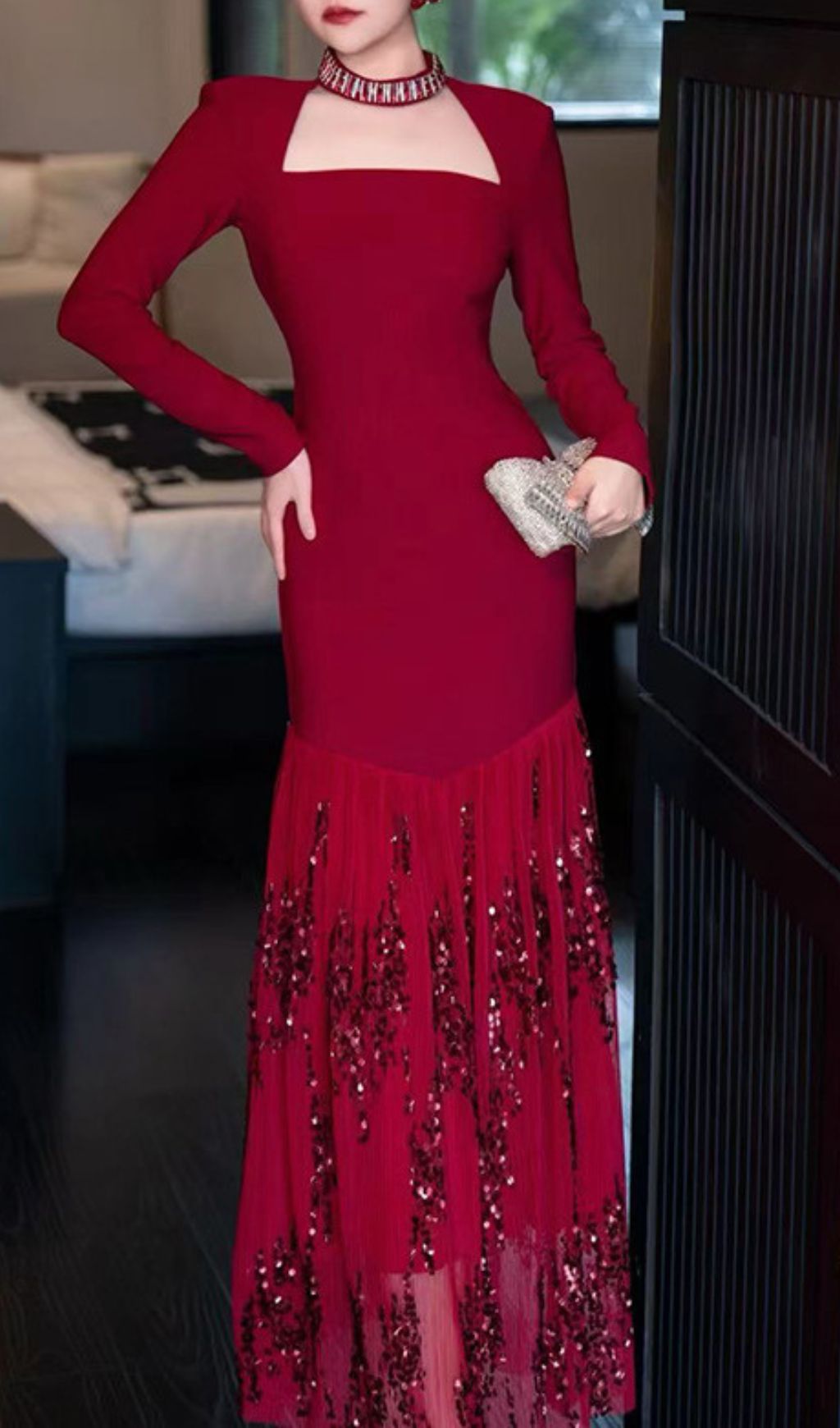 Fashionslee Women Ioana Red Long Sleeve Sequin Maxi Dress
