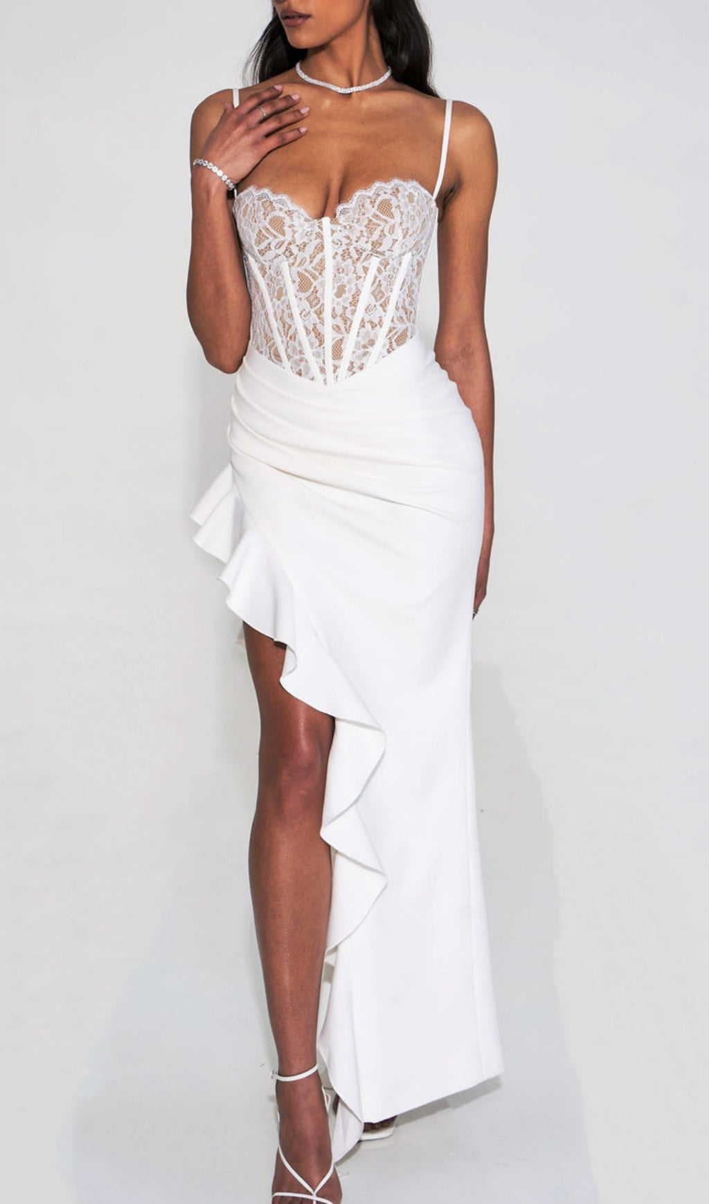 Fashionslee Women Arlette Lace Asymmetric Ruffle Midi Dress