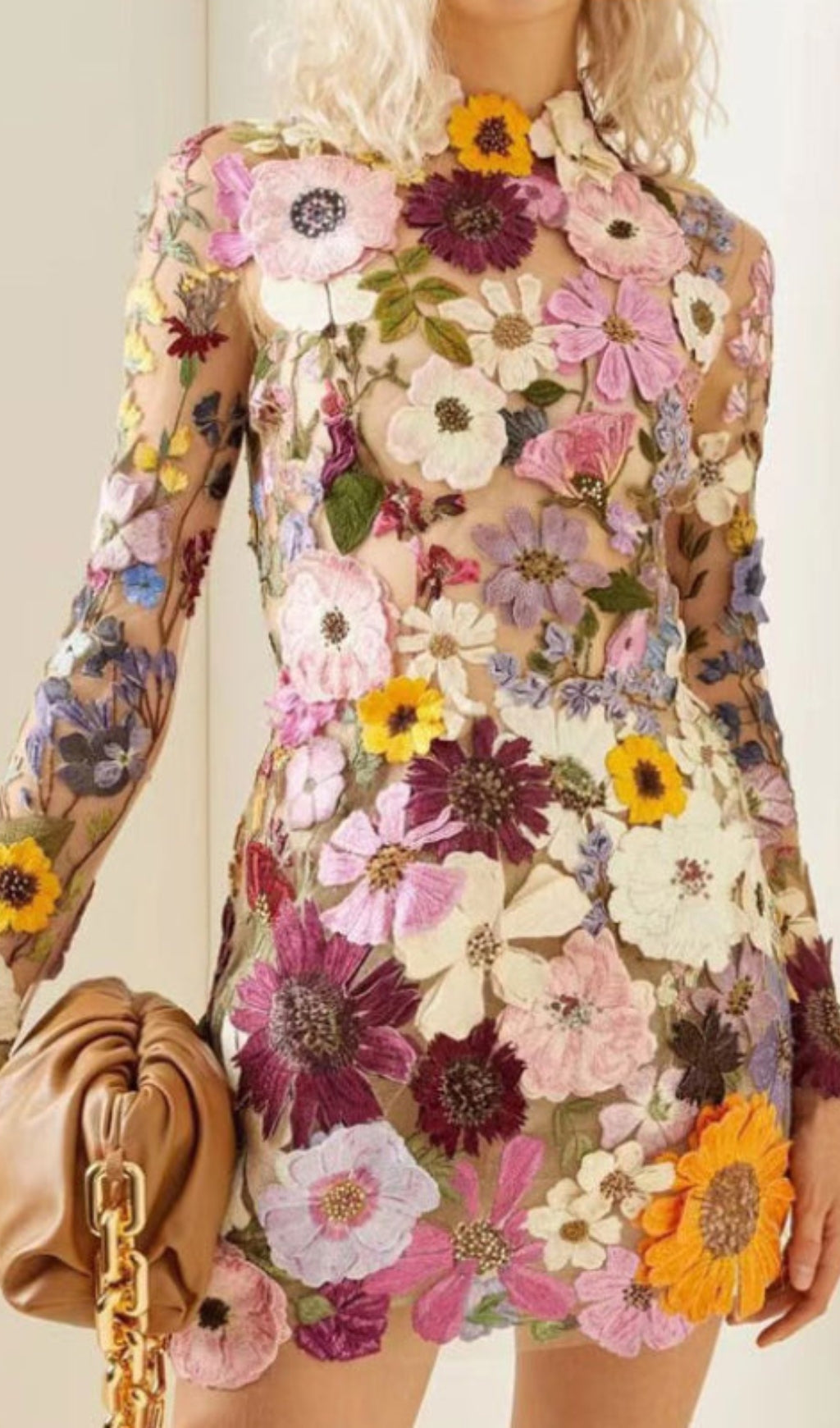 Fashionslee Women Embroidered Lace Half High Collar Mini Dress