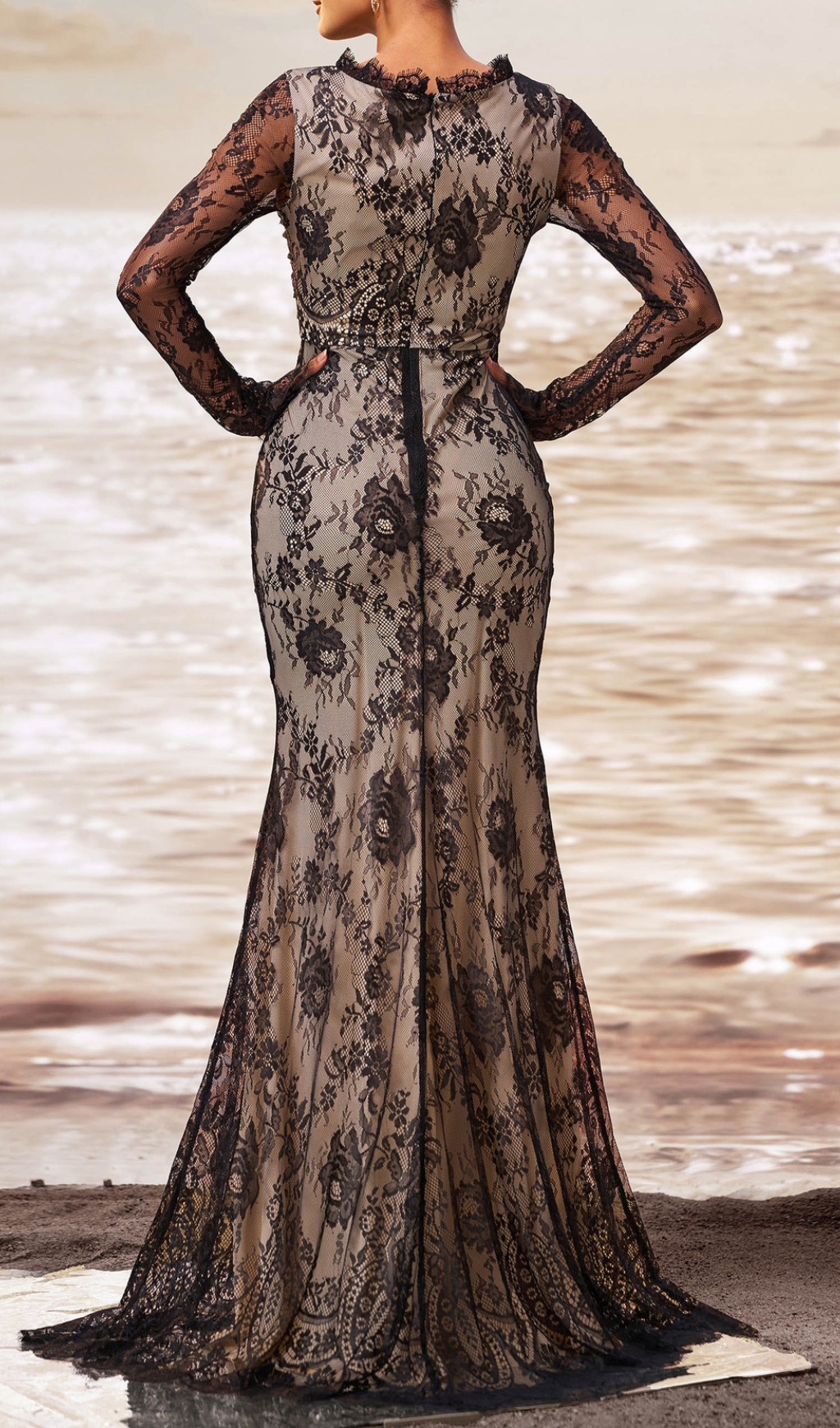 Fashionslee Women Chakra Black Lace Flower Maxi Dress