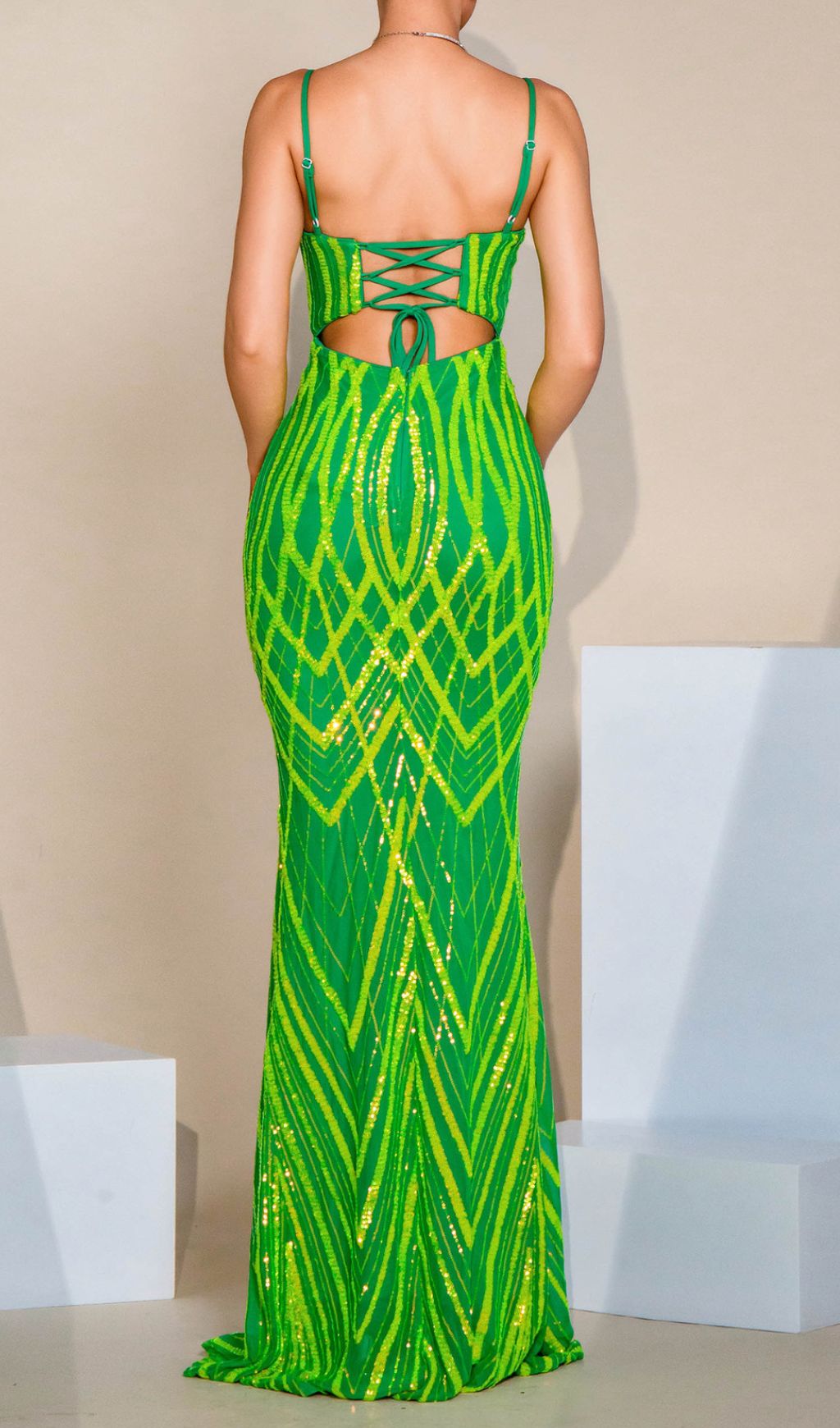 Fashionslee Women Firenze Green Strappy Sequin Maxi Dress