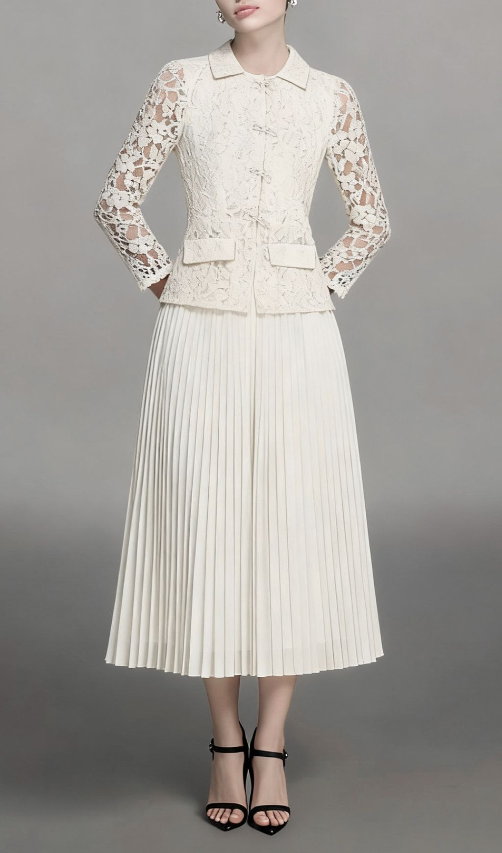 Fashionslee Women Izel Bow Lace Pleated Long Sleeve Midi Dress