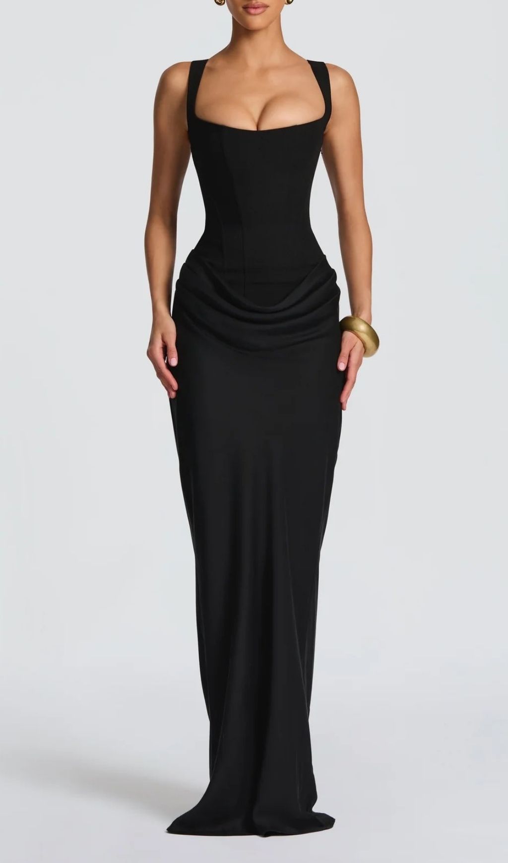 Fashionslee Women Keelia Black Strappy Corset Ruched Maxi Dress