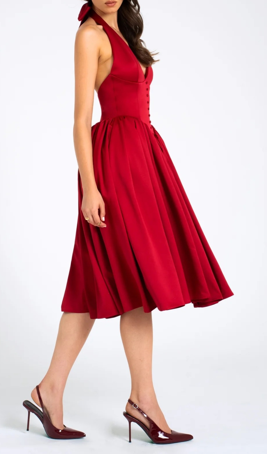 RED PLUNGING HALTER BACKLESS MAXI DRESS - OWNCI RED PLUNGING HALTER BACKLESS MAXI DRESS - OWNCI