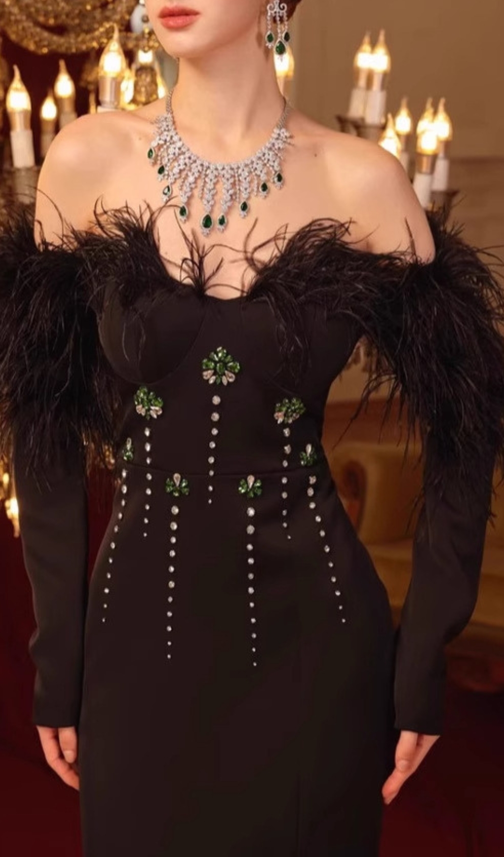e797fcc2142557855eace19cdcffacf8.jpg Fashionslee Women Chaya Black Feather Long Sleeve Maxi Dress