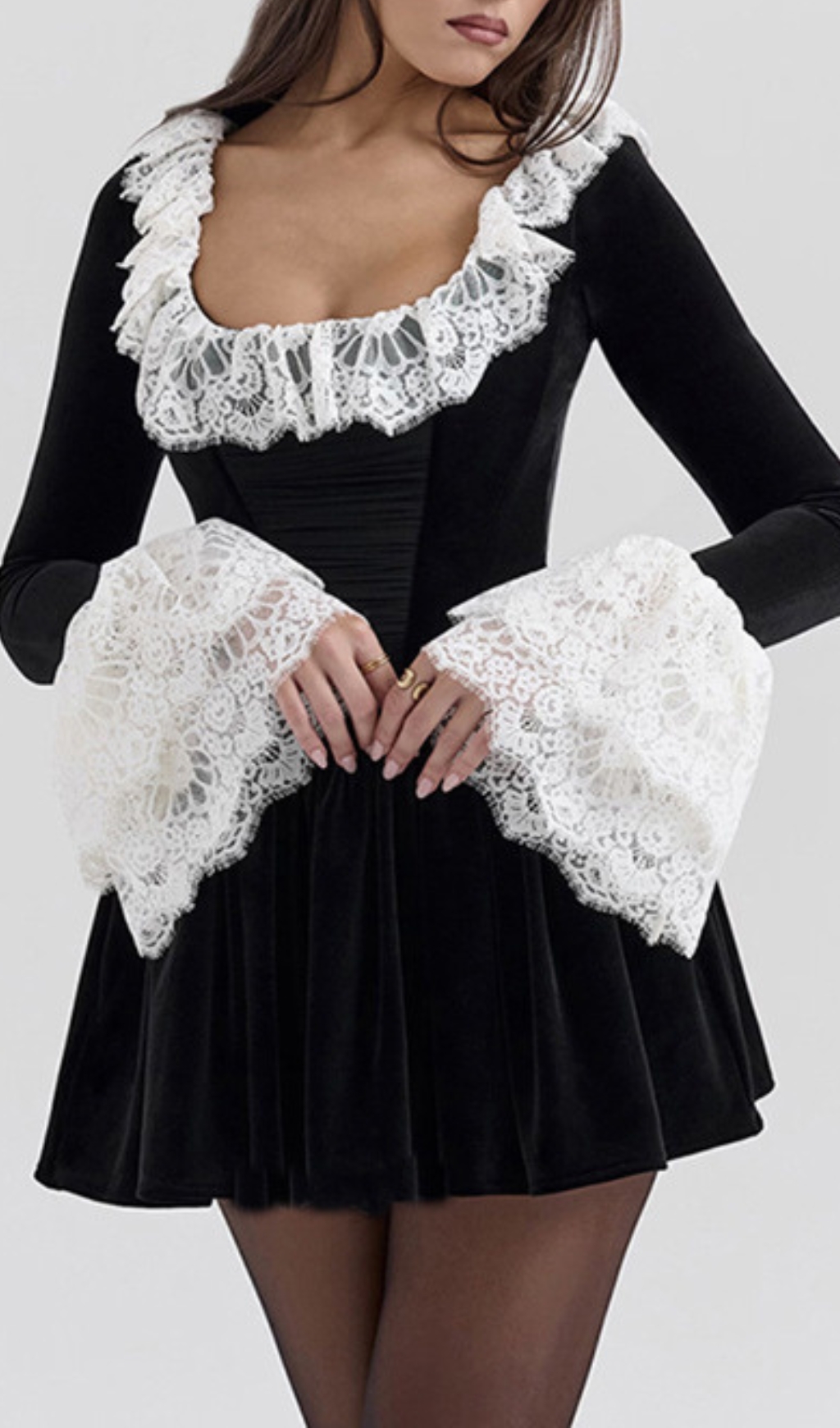 e7a6c82f334e81ec102f26b06e2b4d84.jpg Fashionslee Women Coy Black Long Sleeve Lace Velvet Mini Dress