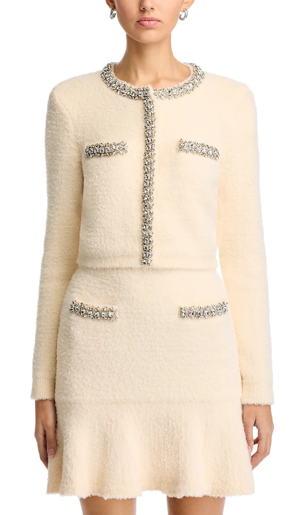 Fashionslee Women Cream Rhinestone Trim Knit Cardigan
