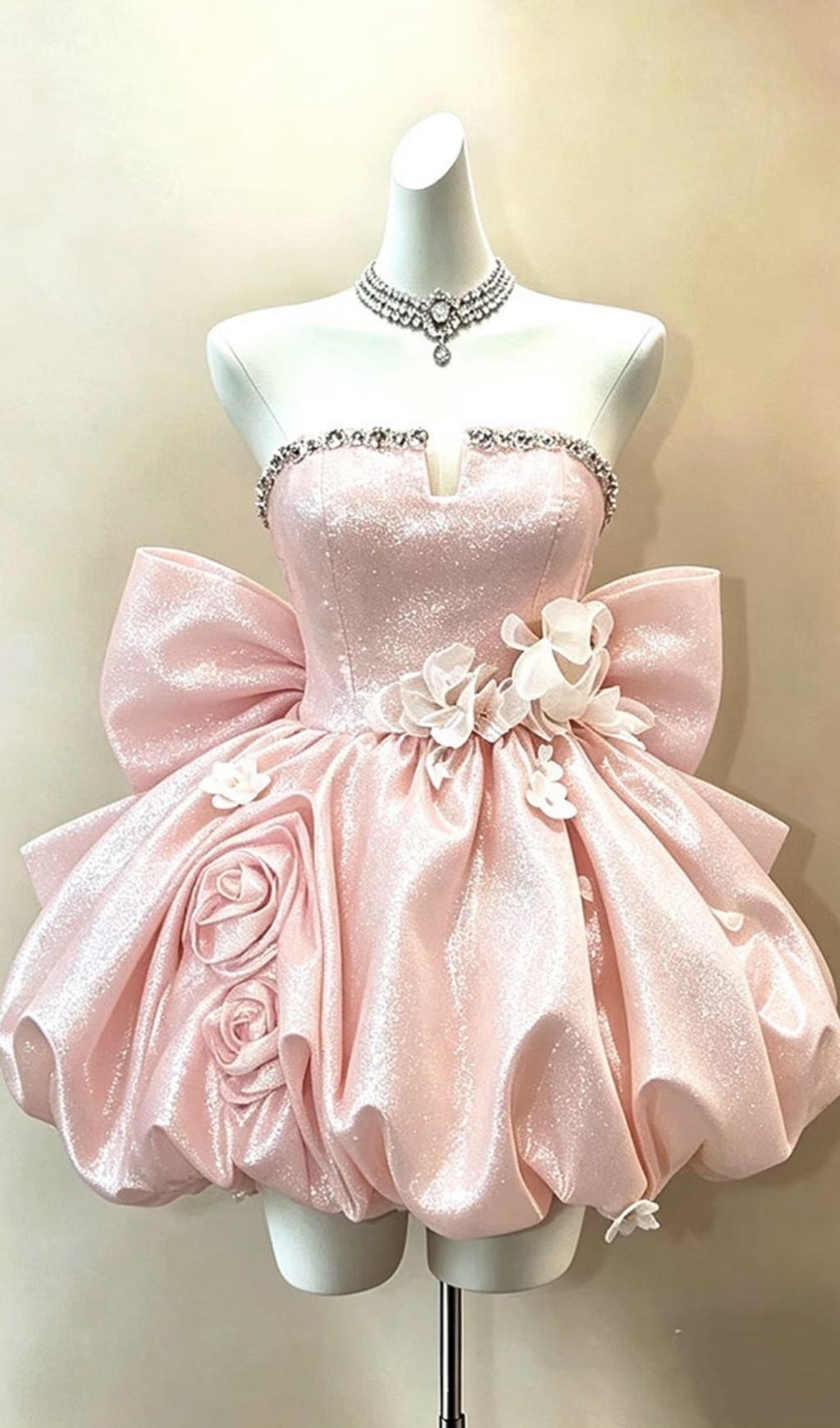 Fashionslee Women Krishika Pink Strapless Flower Bow Mini Dress
