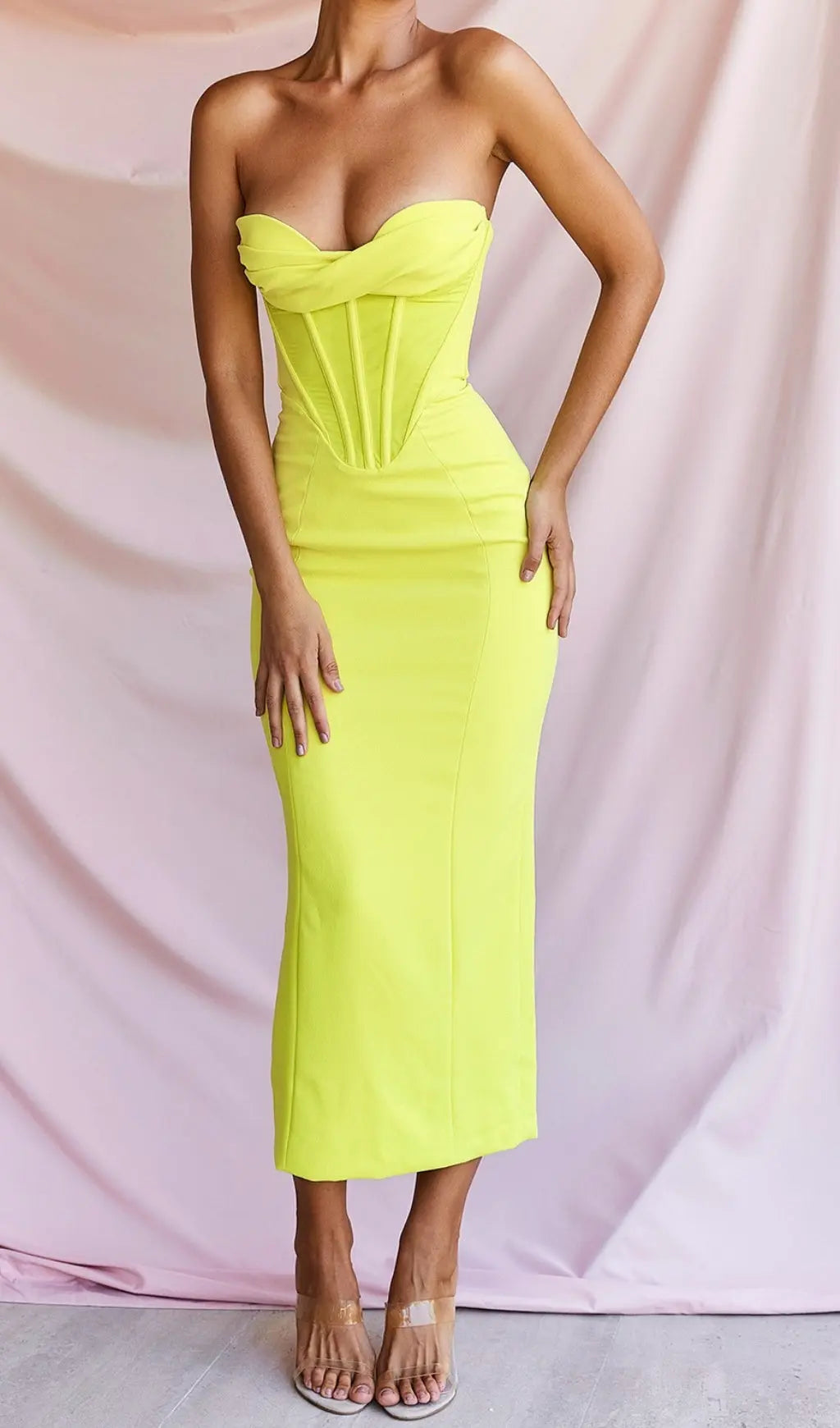 Fashionslee Women Yellow Strapless Bandage Midi Dress