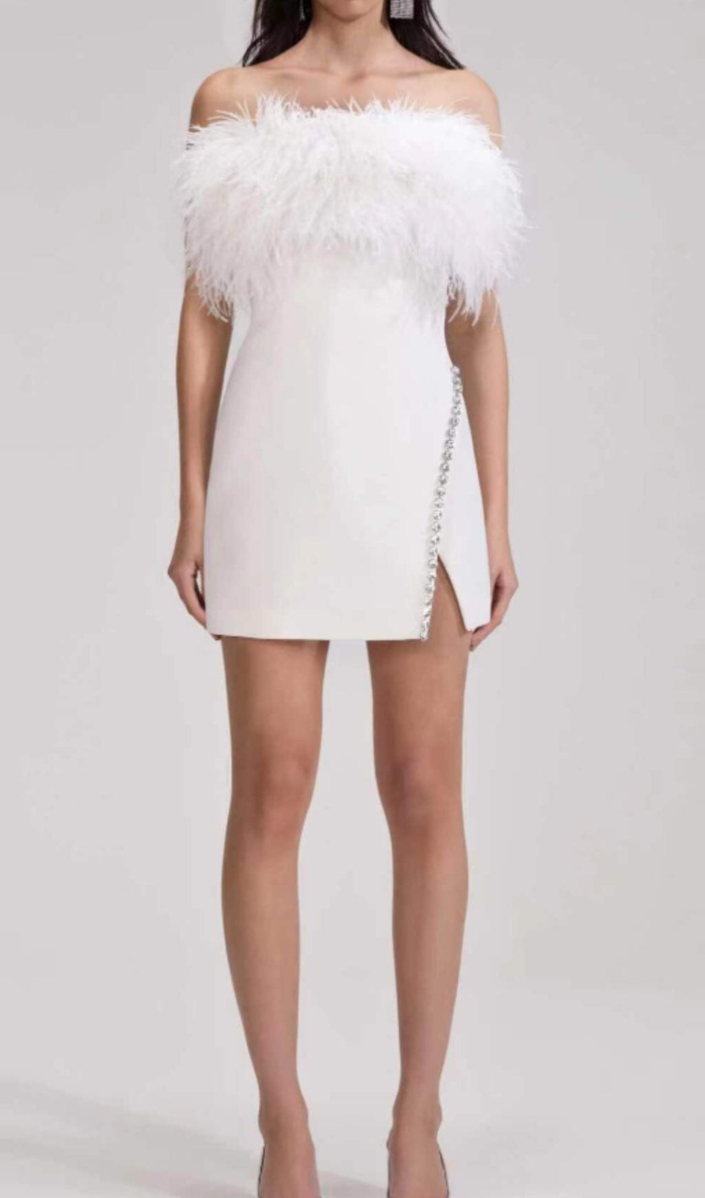 Fashionslee Women Bandage Feather Crystal Mini Dress In White