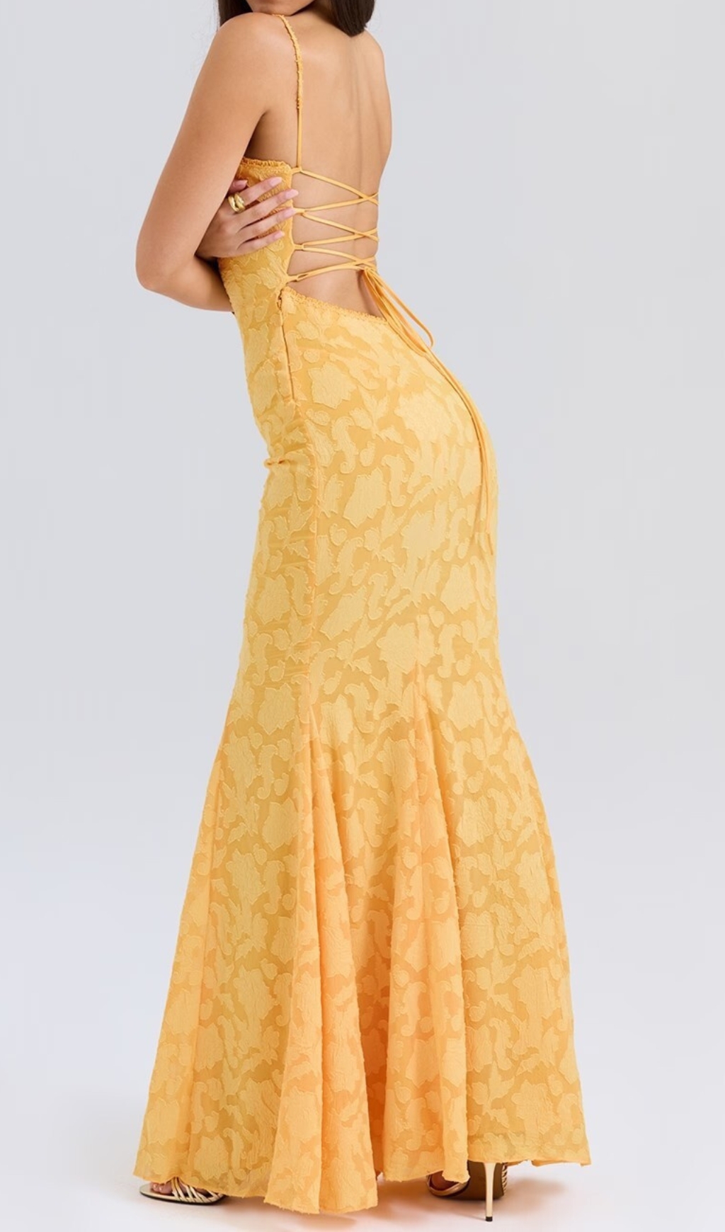 Fashionslee Women Cili Yellow Lace-Up Fishtail Maxi Dress