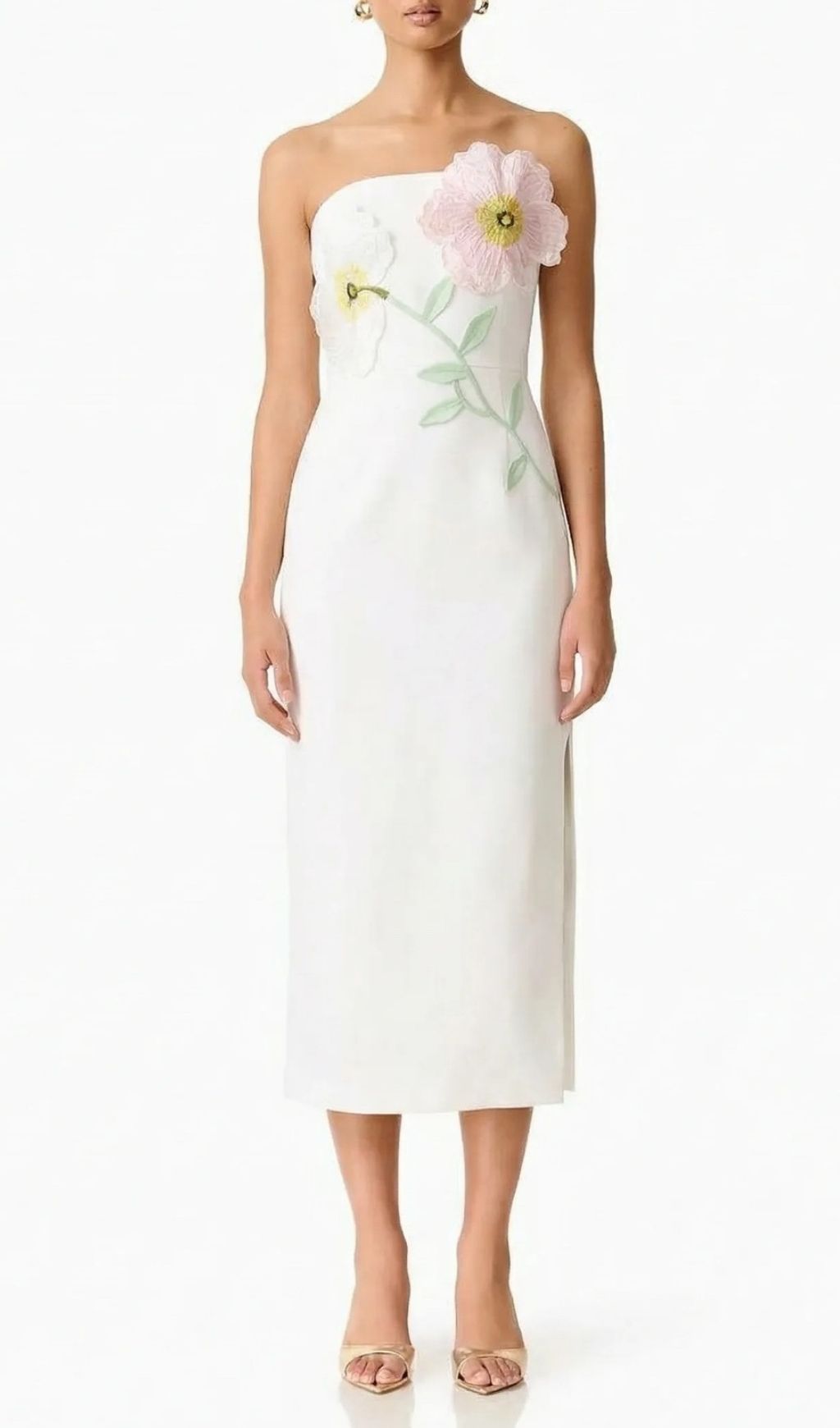 Fashionslee Women Kifle White Strapless Embroidery Flower Midi Dress