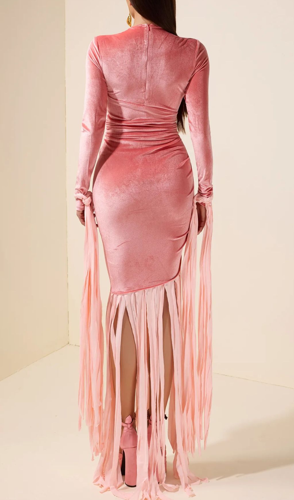 Fashionslee Women Jasmine Pink Velvet Ruched Tassel Maxi Dress