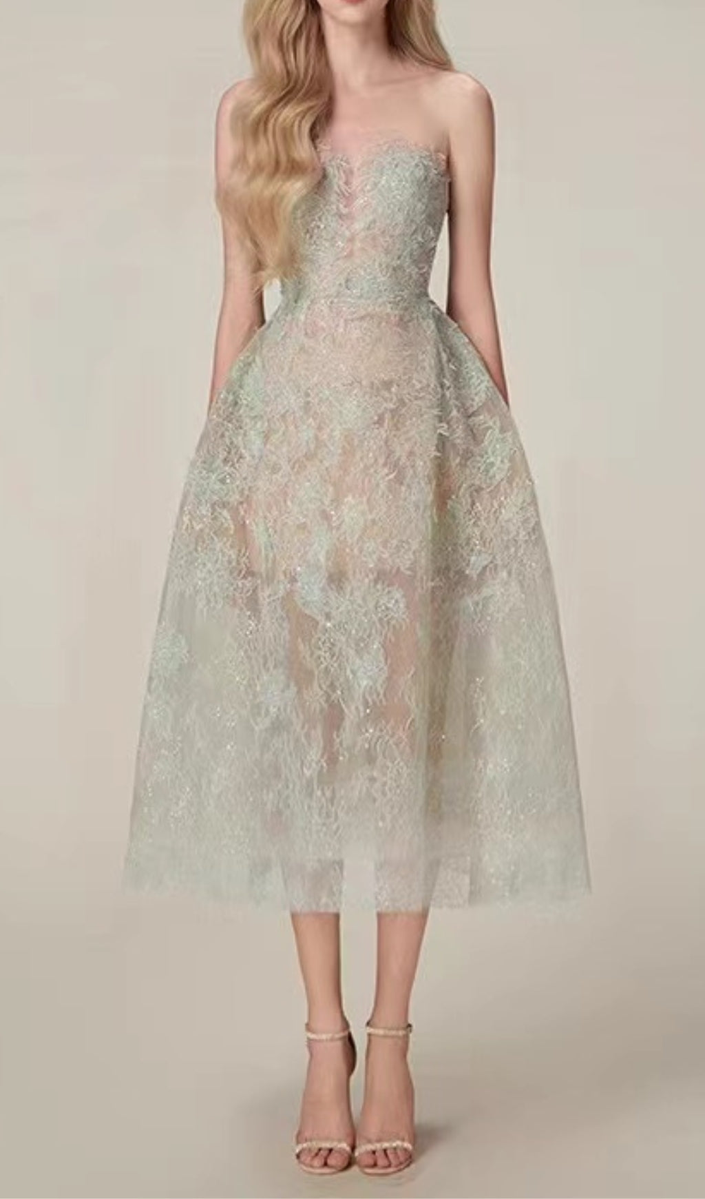 Fashionslee Women Allyson Green Floral Lace Embroider Midi Dress