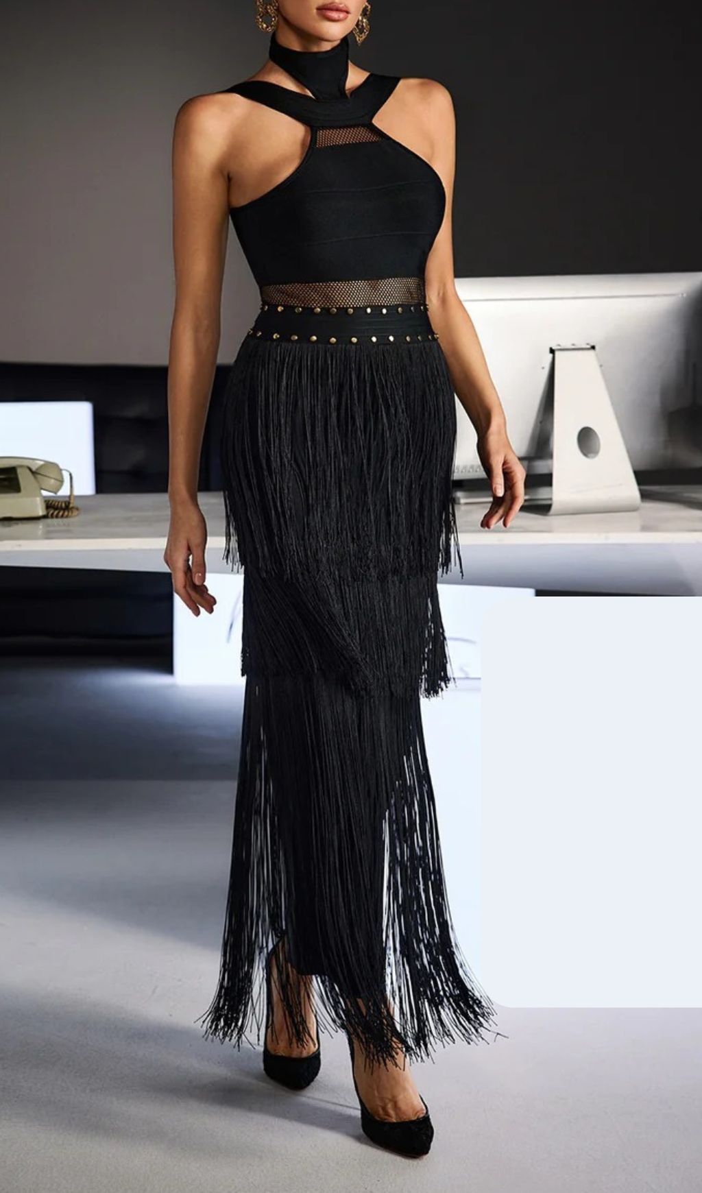 e90b03b16d39a229b759f2d0f07248be.jpg Fashionslee Women Fermin Black Halterneck Bandage Fringe Midi Dress