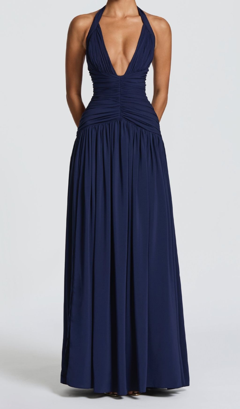 Fashionslee Women Kelley Navy Halter Ruched Maxi Dress