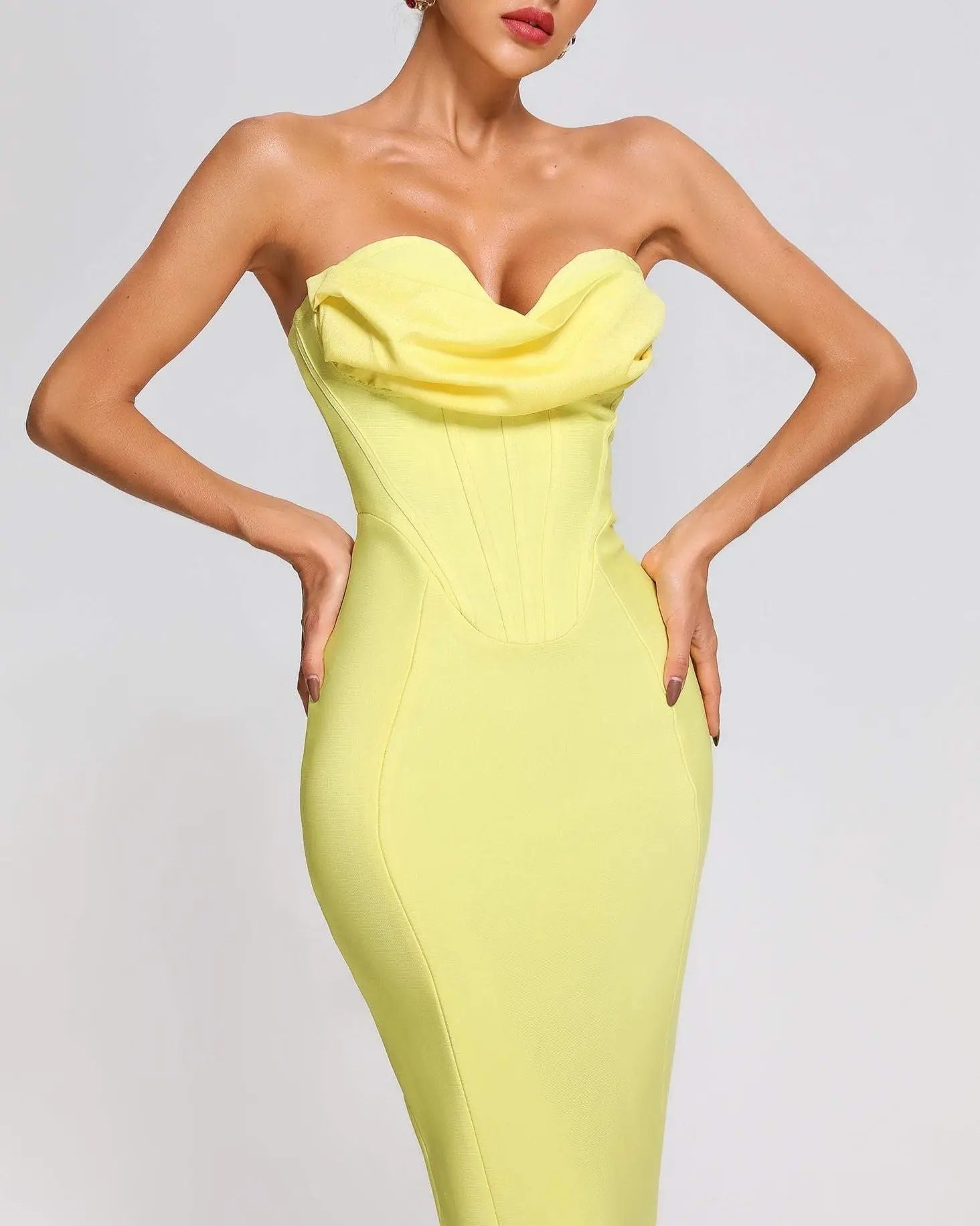 Fashionslee Women Yellow Strapless Bandage Midi Dress