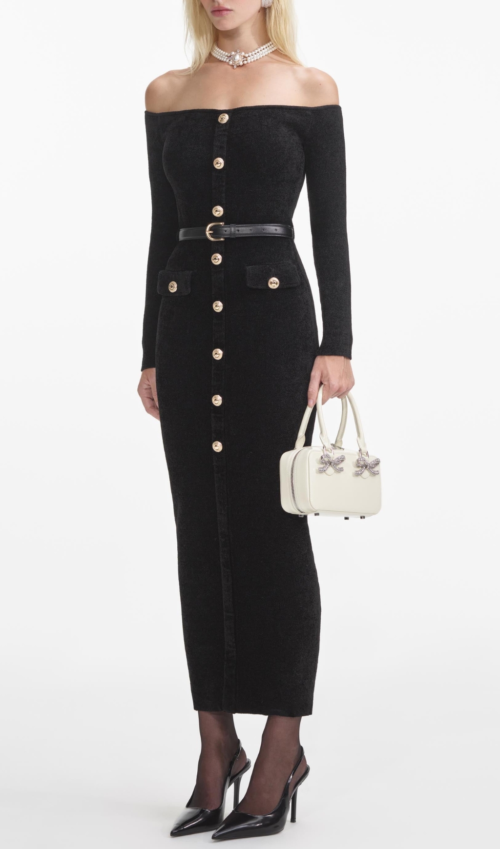 Fashionslee Women Black Chenille Knit Midi Dress