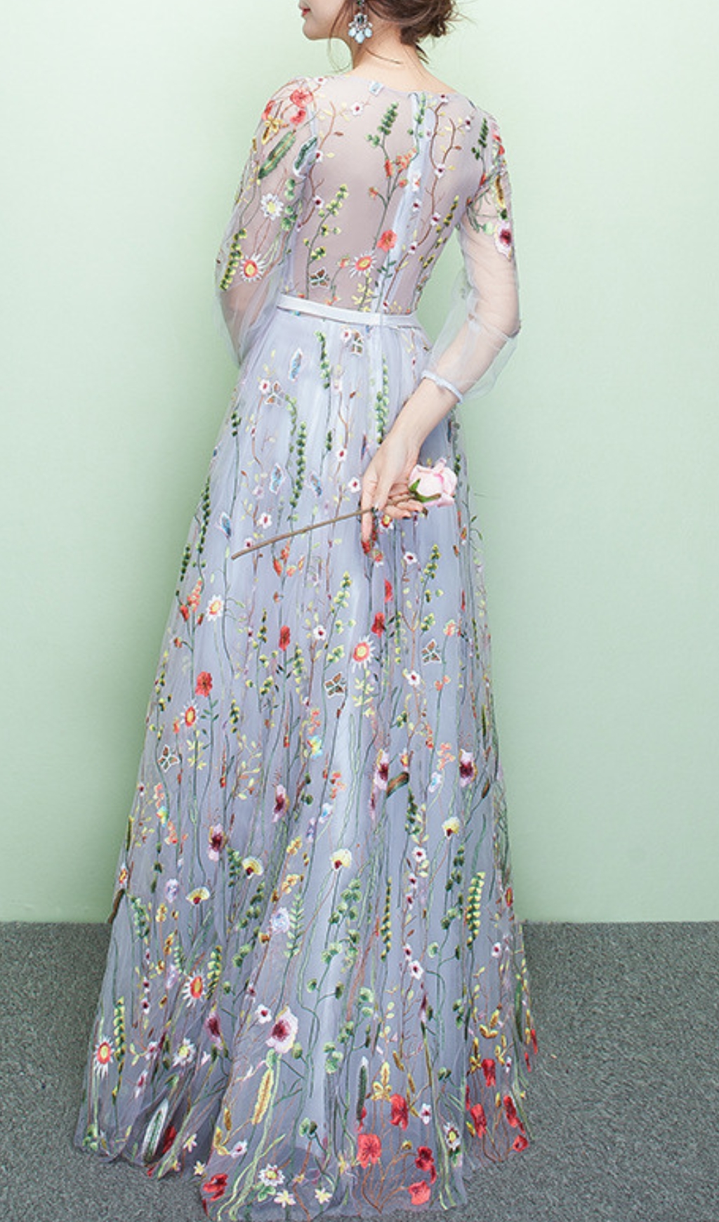 Fashionslee Women Dannell Gray Flower Mesh Sleeve Maxi Dress