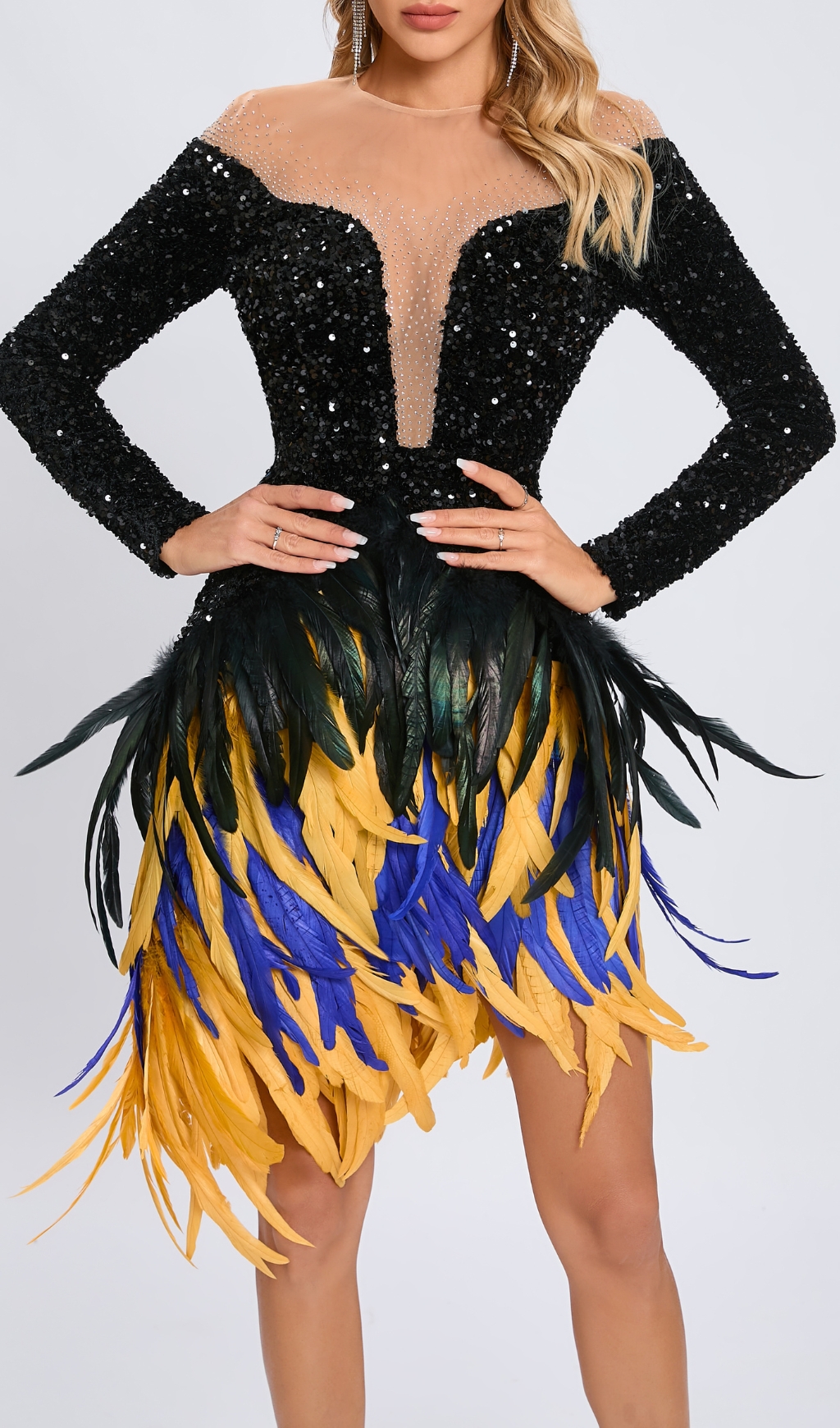 Fashionslee Women Long Sleeve Sequin Feather Dress Black