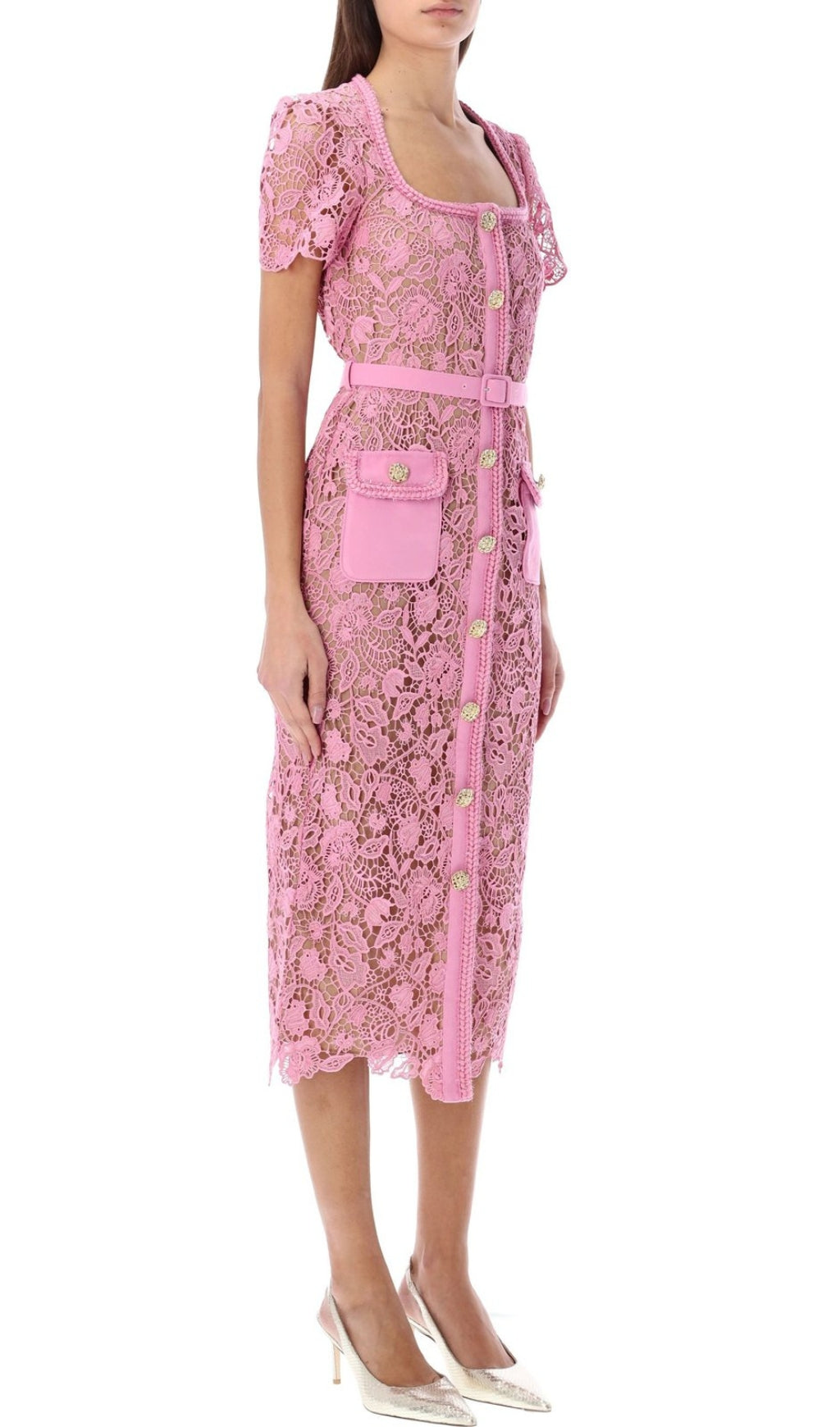 Fashionslee Women Anna Pink Guipure Lace Midi Dress