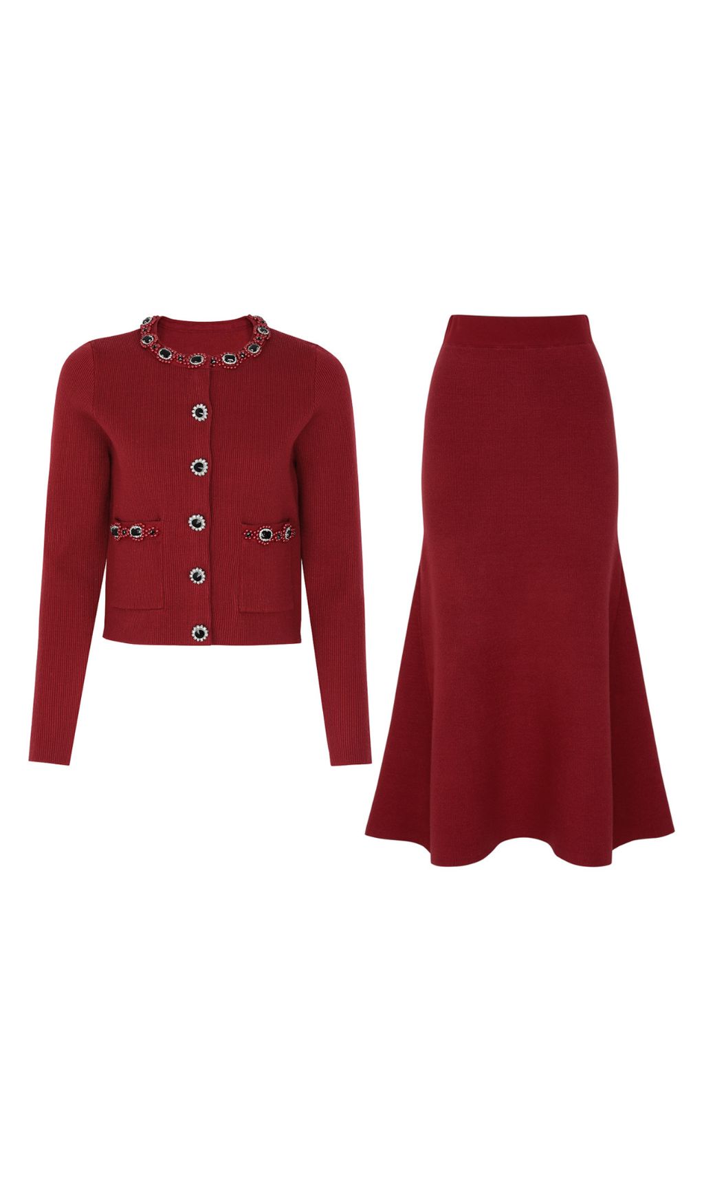 Fashionslee Women Jie Wine Cardigan & Skirt Set