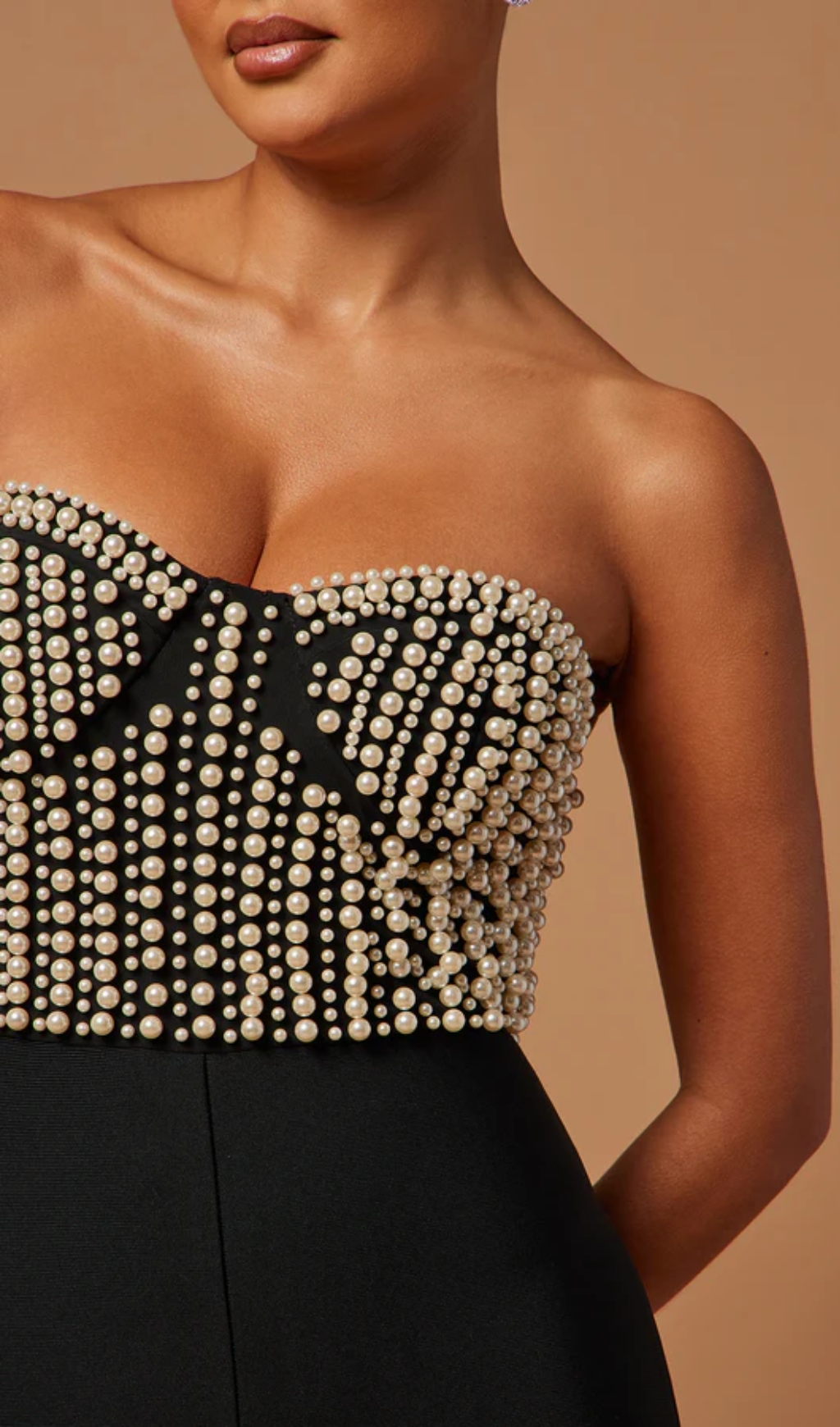 e954516611ce14b15cd8a18ec9410a28.jpg Fashionslee Women Strapless Bustier Pearl Jumpsuit Black
