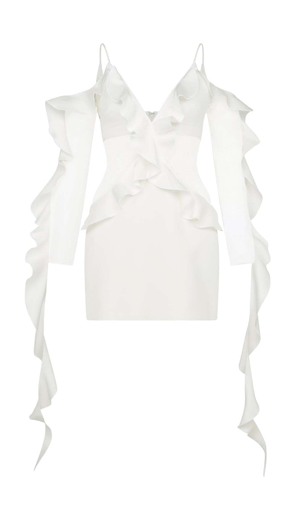 Fashionslee Women Ruffled Lace Mini Dress In White