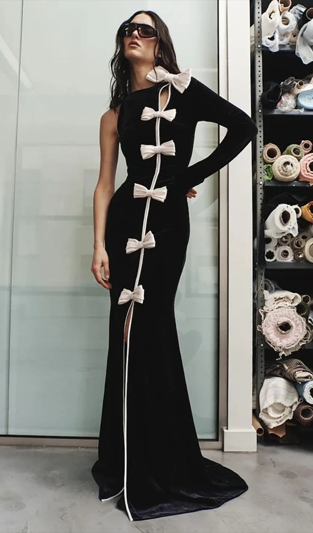 e9f54d928455d4d5821621f78946c54f.jpg Fashionslee Women Joyce Black One Sleeve Bow Maxi Velvet Dress