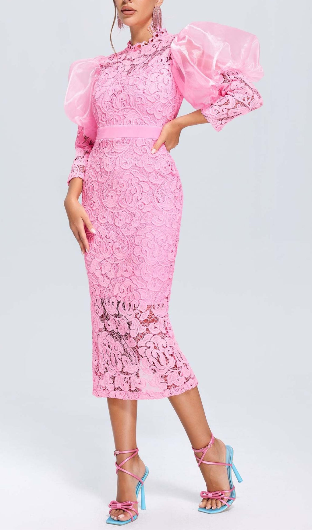 Fashionslee Women Aithne Pink Puff Sleeve Lace Midi Dress