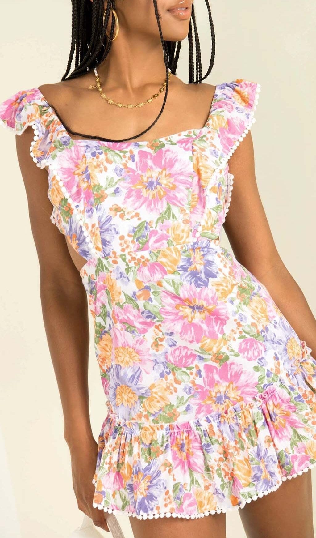 Fashionslee Women Square Neck Floral Ruffled Mini Dress In Pink