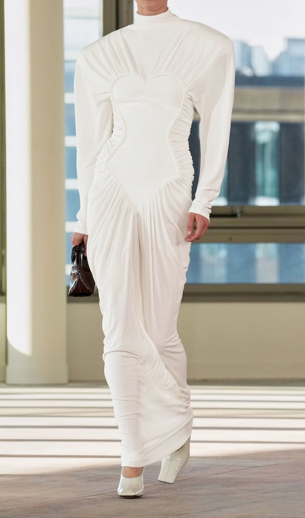 Fashionslee Women Katrien White Ruched Long Sleeve Maxi Dress