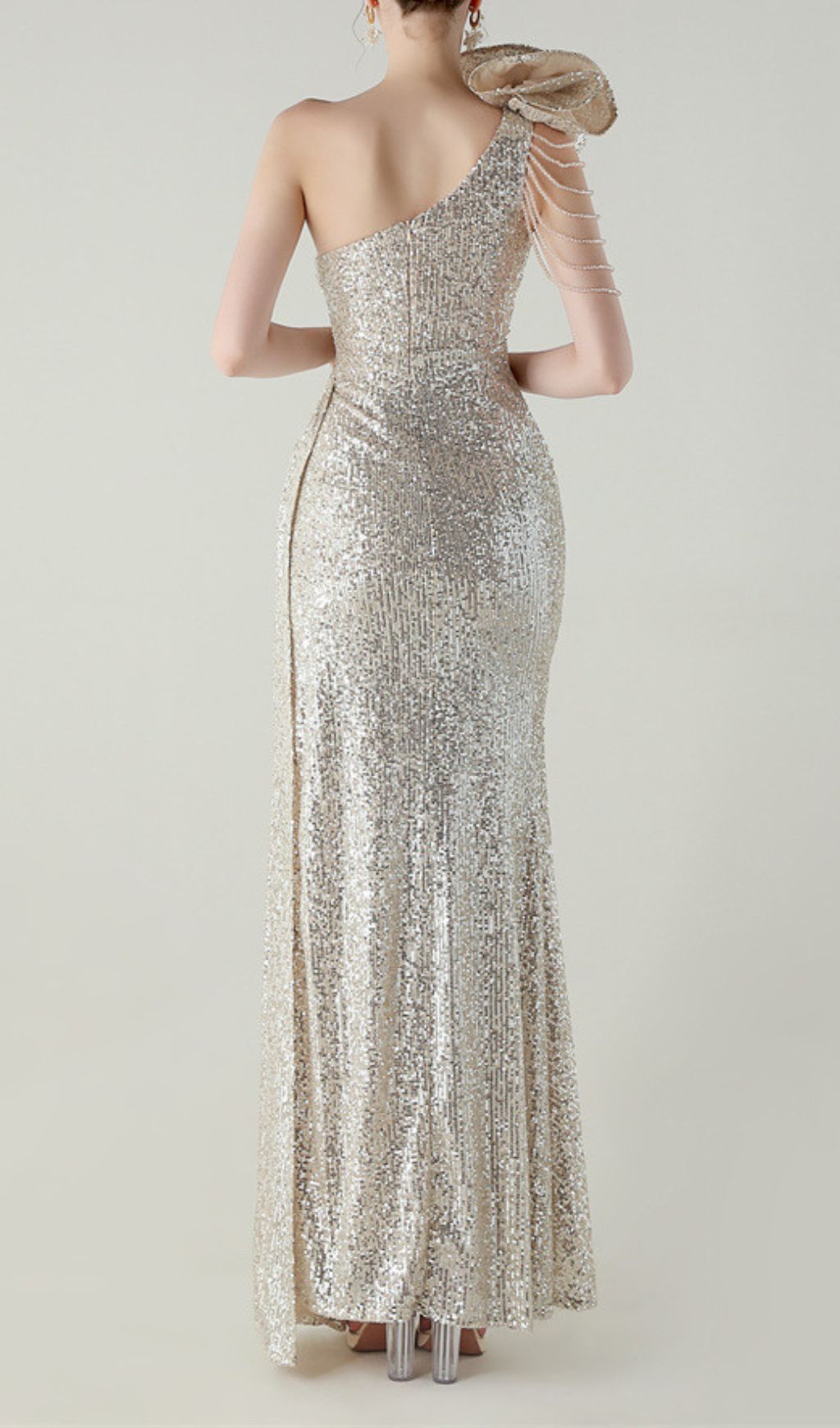 Fashionslee Women Ikia Silver One-Shoulder Sequin Maxi Dress