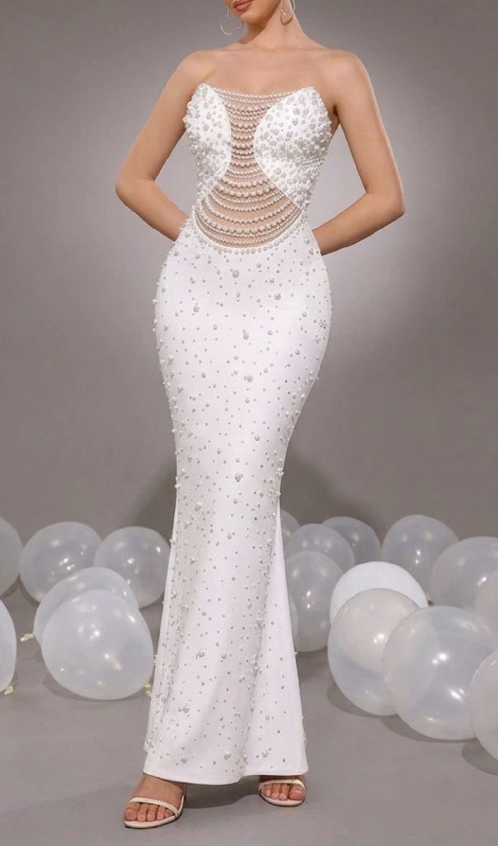 Fashionslee Women Kenda White Strapless Beaded Maxi Bandage Dress