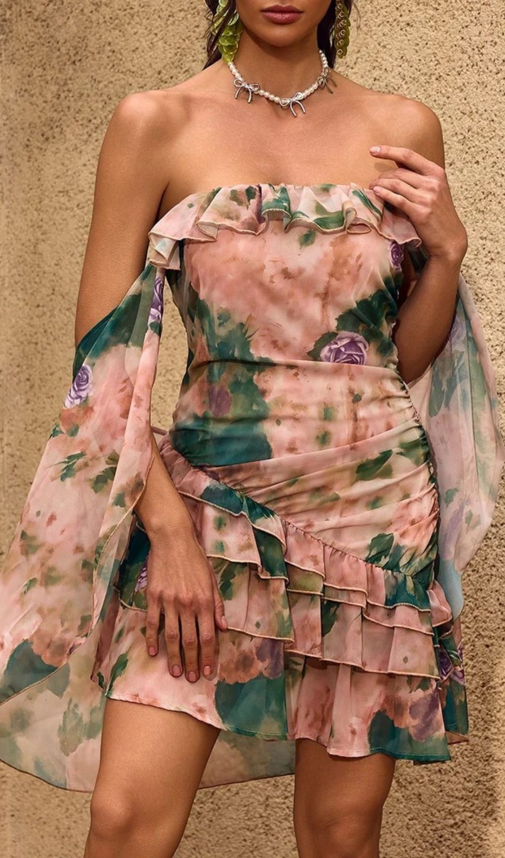 Fashionslee Women Chelan Cape Ruffle Floral Mini Dress