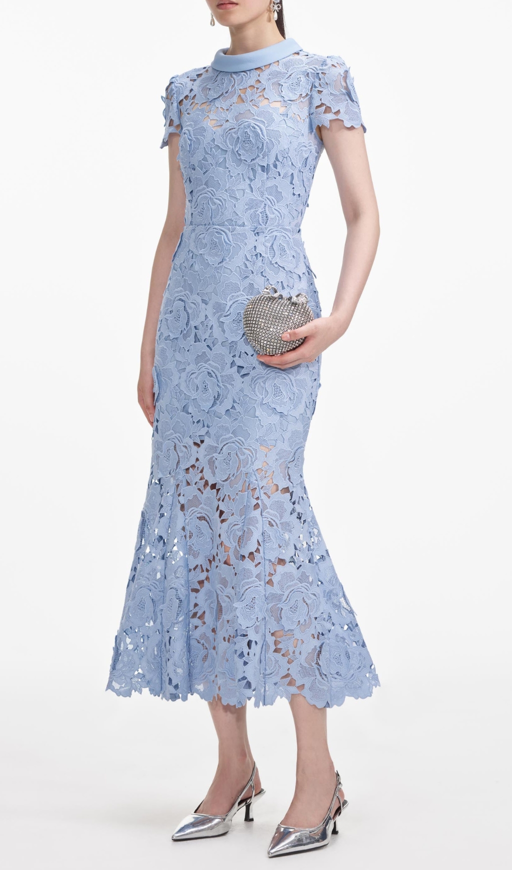 Fashionslee Women Blue Flower Lace Contrast Collar Midi Dress