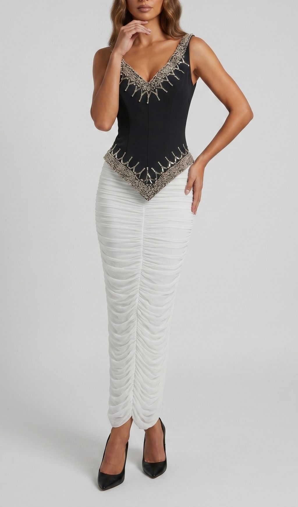 eb11707c42f34ca92e97c49b802044b8.jpg Fashionslee Women Kikuko Diamante Top & Ruched Maxi Skirt