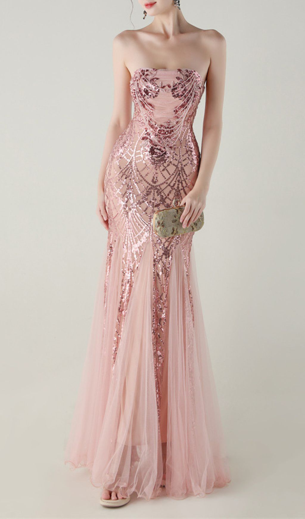 Fashionslee Women Ikuye Pink Strapless Sequin Mesh Maxi Dress