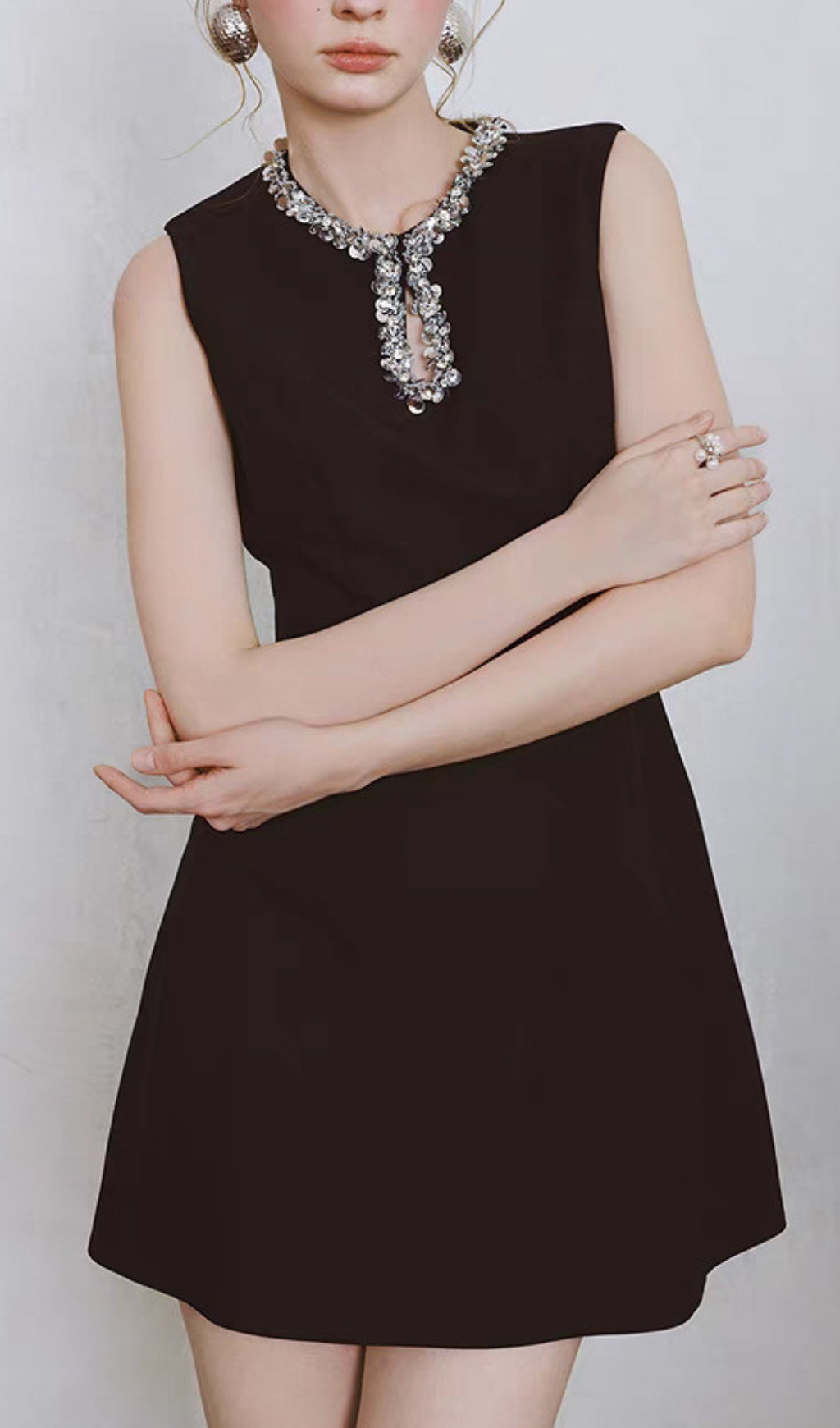 eb7342c35615355dbd3ad04aba31ad10.jpg Fashionslee Women Dorin Black Embellished Neck Mini Dress