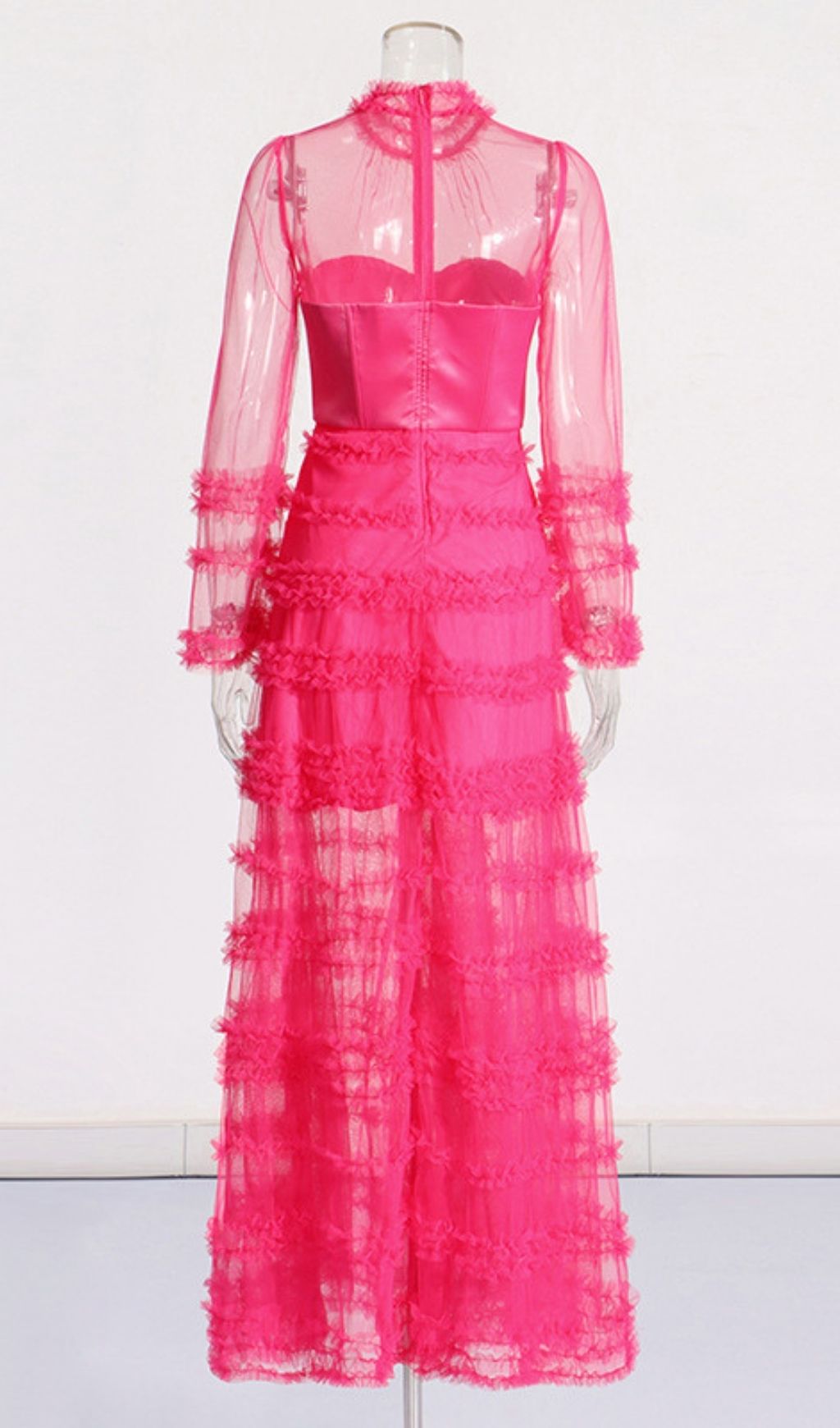 Fashionslee Women Kevlyn Pink Mesh Long Sleeve Maxi Dress