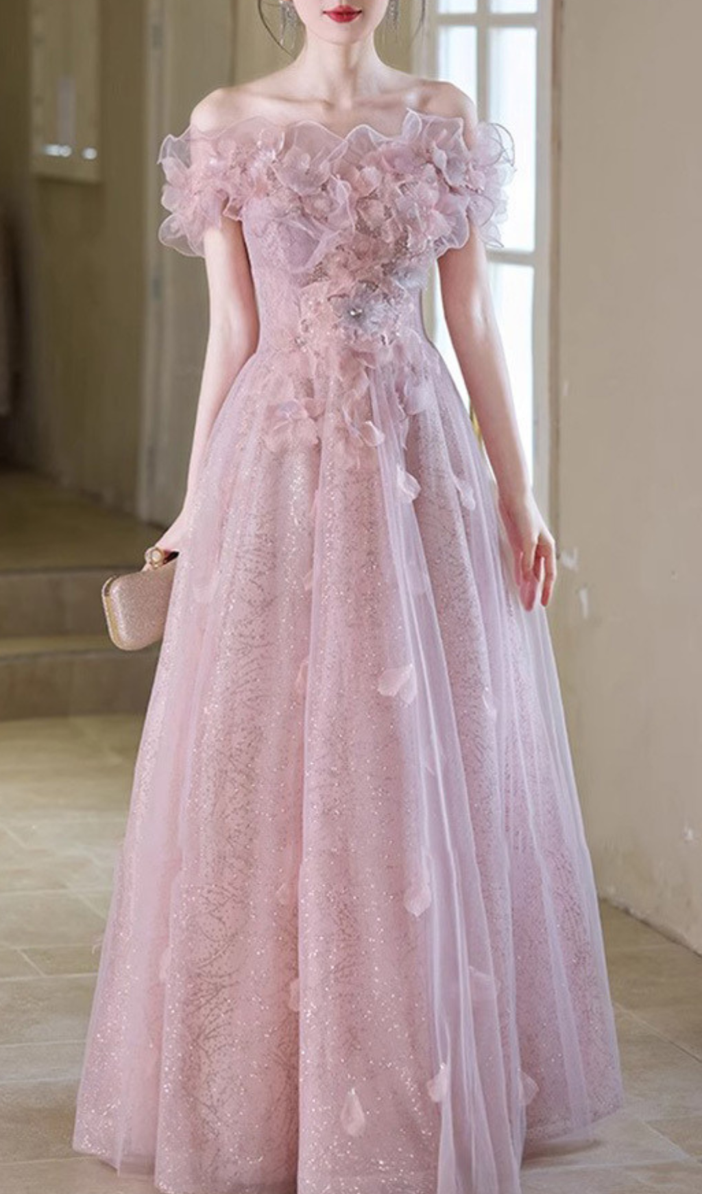 Fashionslee Women Hanne Pink Flower Off-Shoulder Maxi Dress