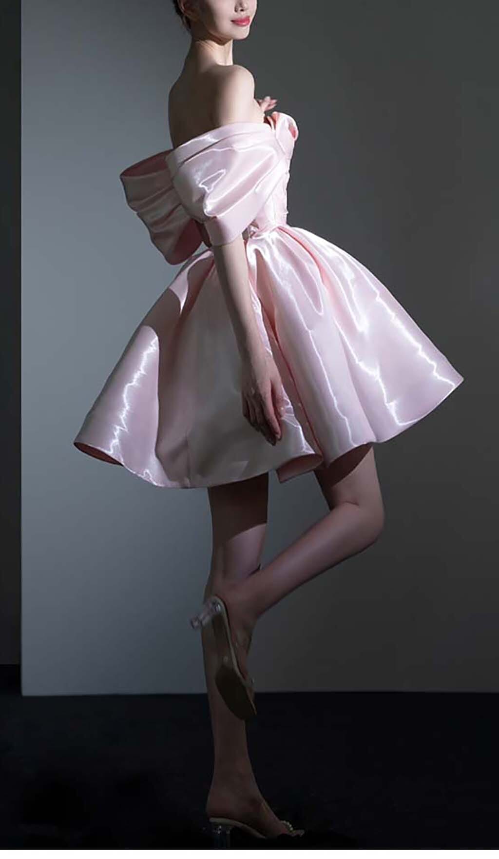 PINK SATIN OFF-SHOULDER MINI DRESS – VIRAL - OWNCI PINK SATIN OFF-SHOULDER MINI DRESS – VIRAL - OWNCI
