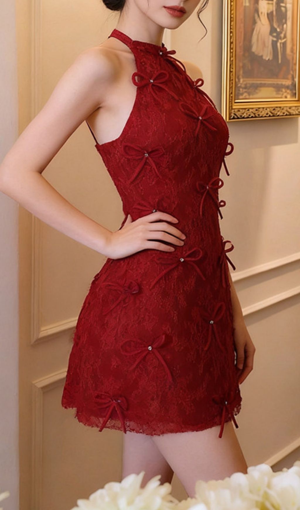 Fashionslee Women Kanon Red Halter Bow Mini Dress