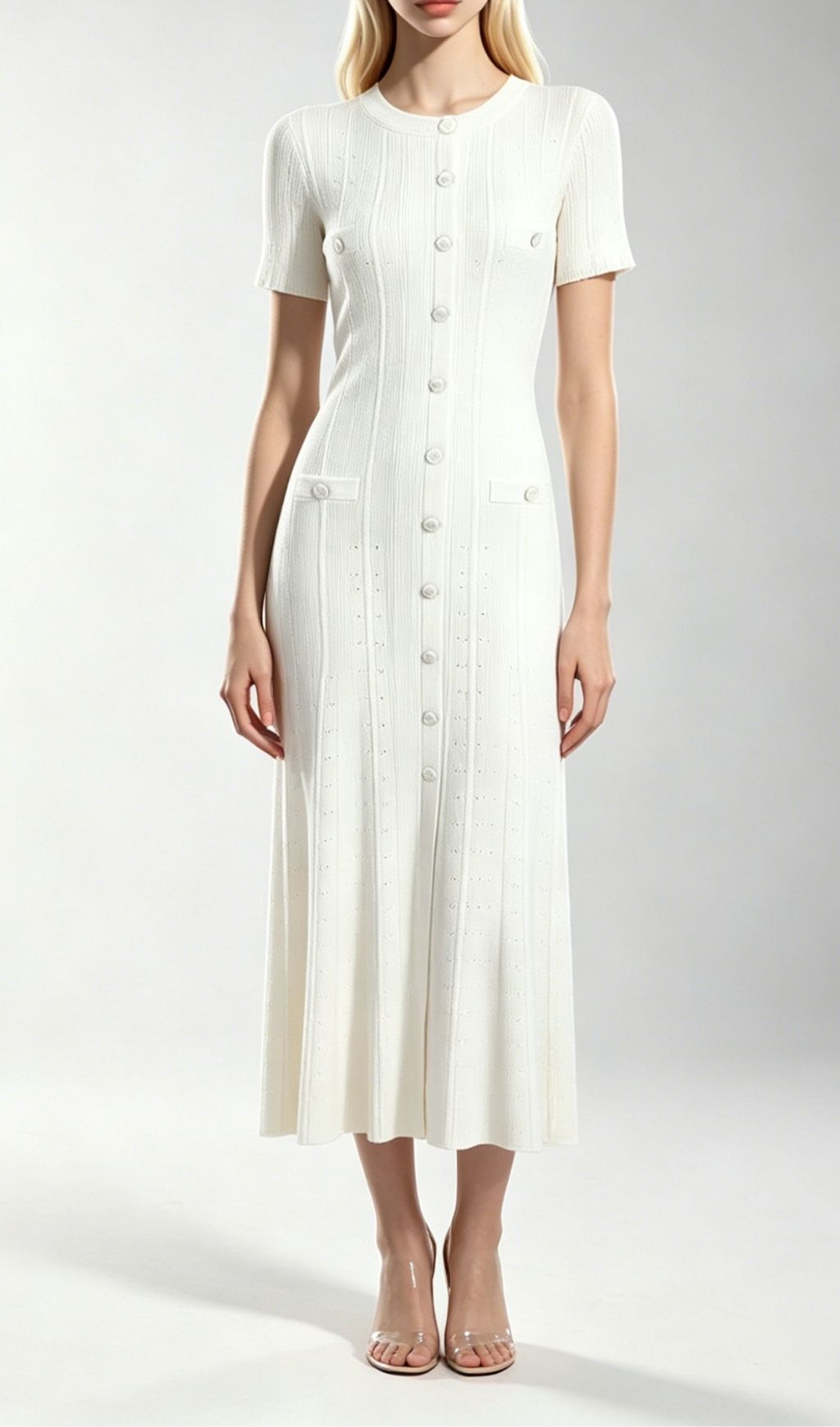 Fashionslee Women Kilenya White Knit Short Sleeve Midi Dress
