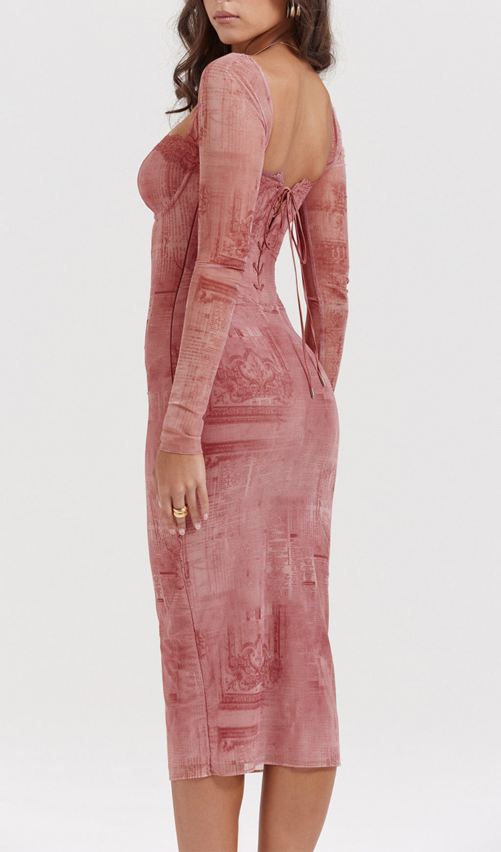 Fashionslee Women Printed Lace Up Midi Dress In Pink