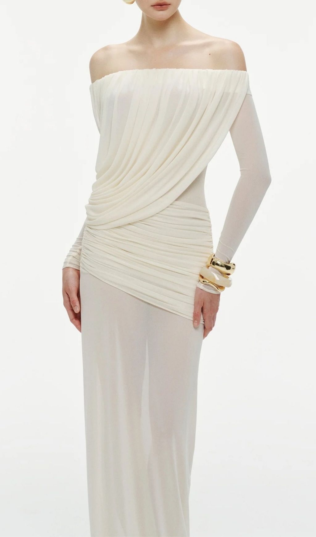 Fashionslee Women Kalinda White Pleated Off-Shoulder Mesh Maxi Dress